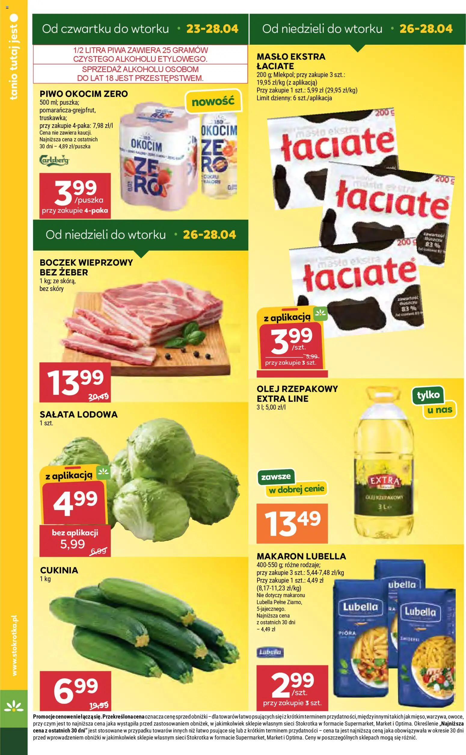 Stokrotka gazetka od 23.04.2026 | Strona: 8 | Produkty: Boczek wieprzowy, Cukinia, Piwo, Makaron