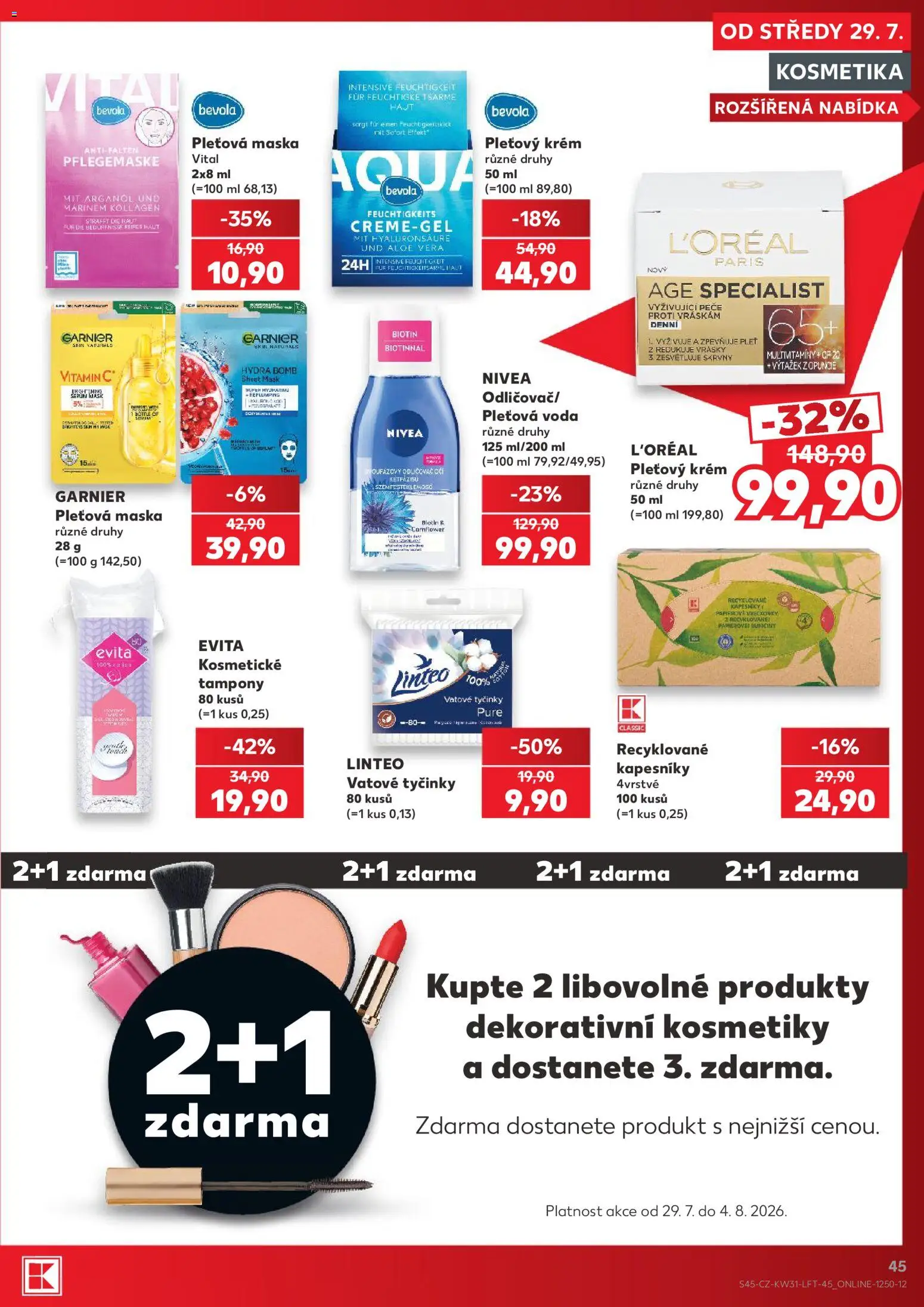 Kaufland leták - Praha 8 od 29.07.2026 | Strana: 45 | Produkty: Voda, Sérum, Tampony, Maska