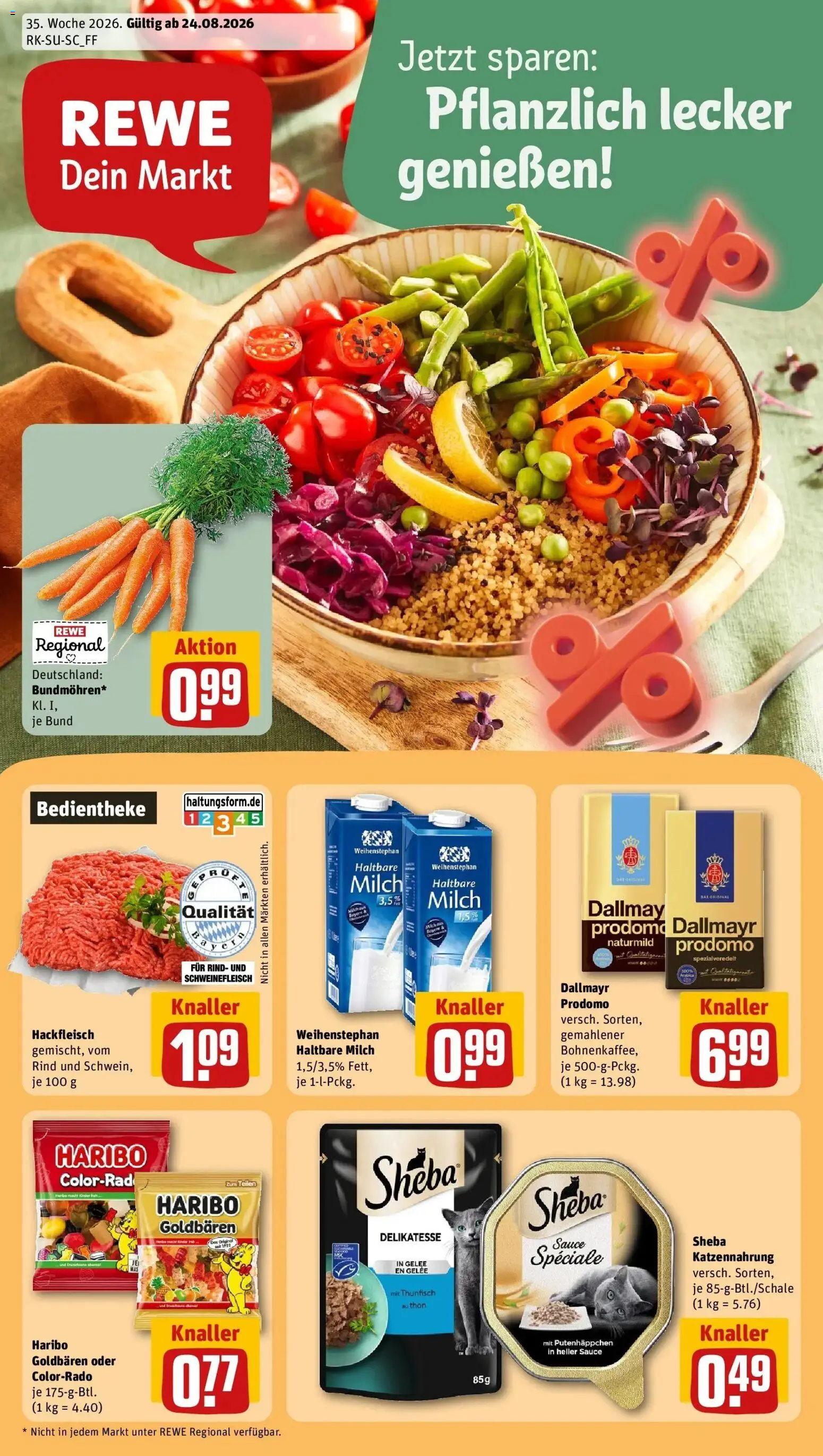 REWE Prospekt ab 24.08.2026 zum Blättern » Angebote | Seite: 1 | Produkte: Sheba, Milch, Schweinefleisch, Hackfleisch