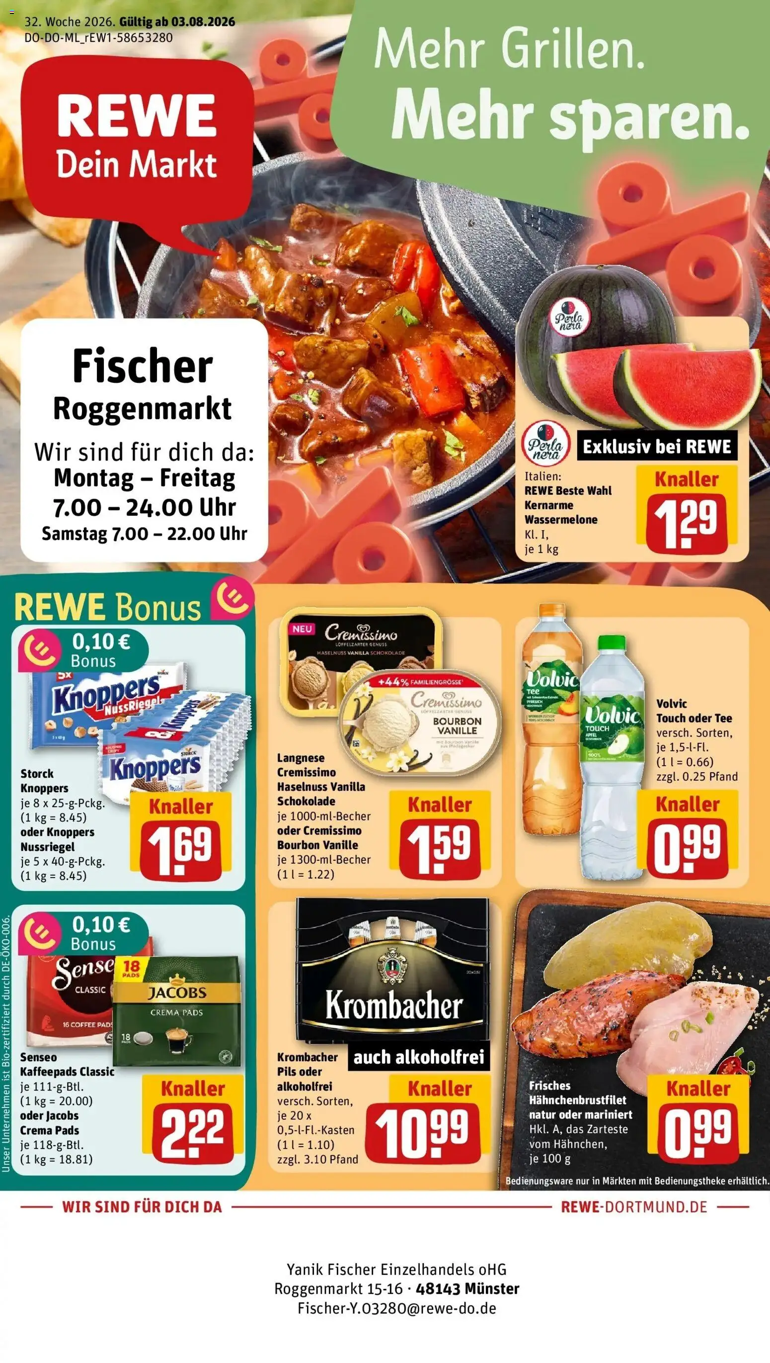 REWE Prospekt ab 03.08.2026 zum Blättern » Angebote | Seite: 1 | Produkte: Schokolade, Vanille, Krombacher, Uhr