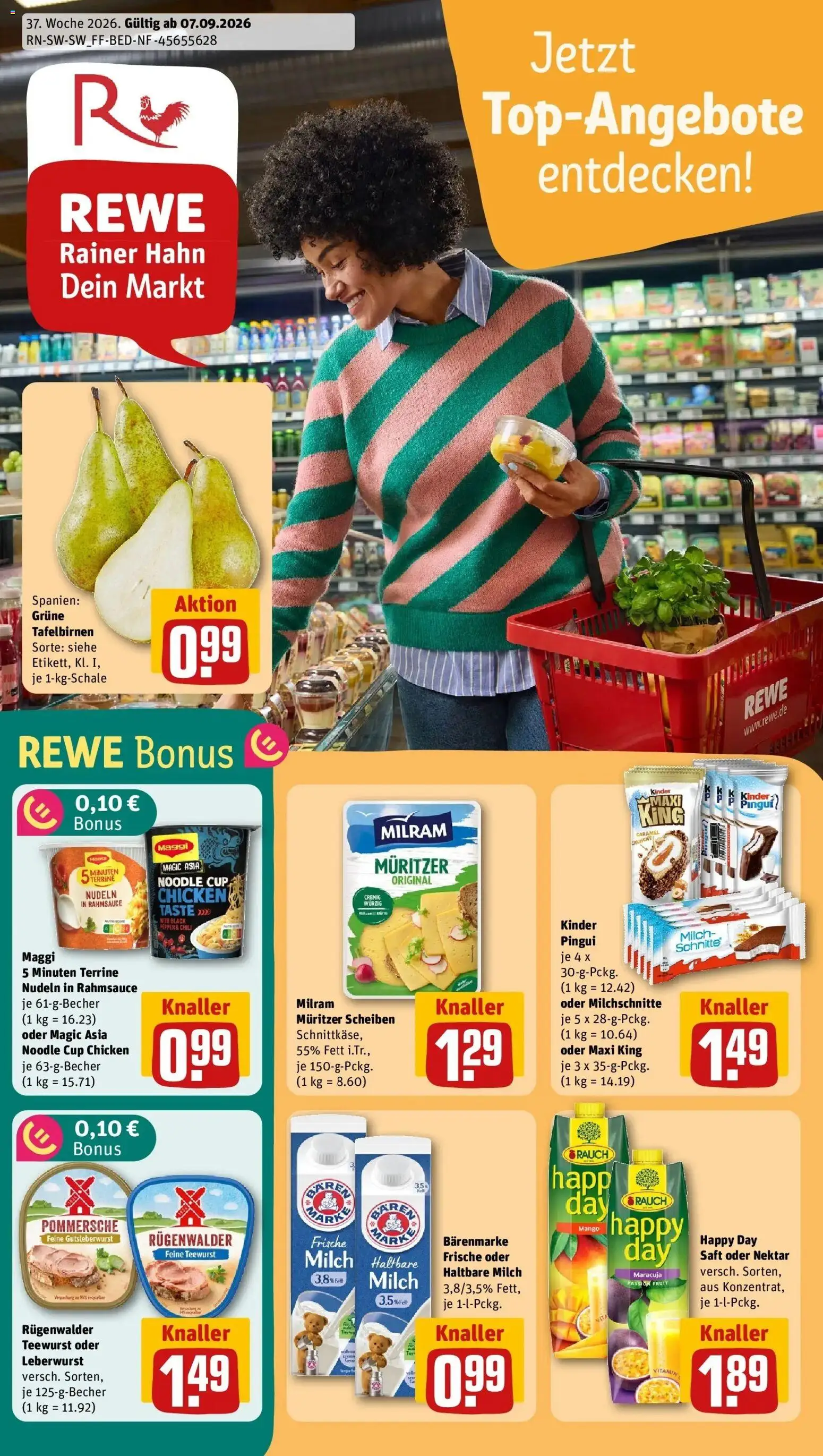 REWE Prospekt ab 07.09.2026 zum Blättern » Angebote | Seite: 1 | Produkte: Milch, Milram, Saft, Nudeln