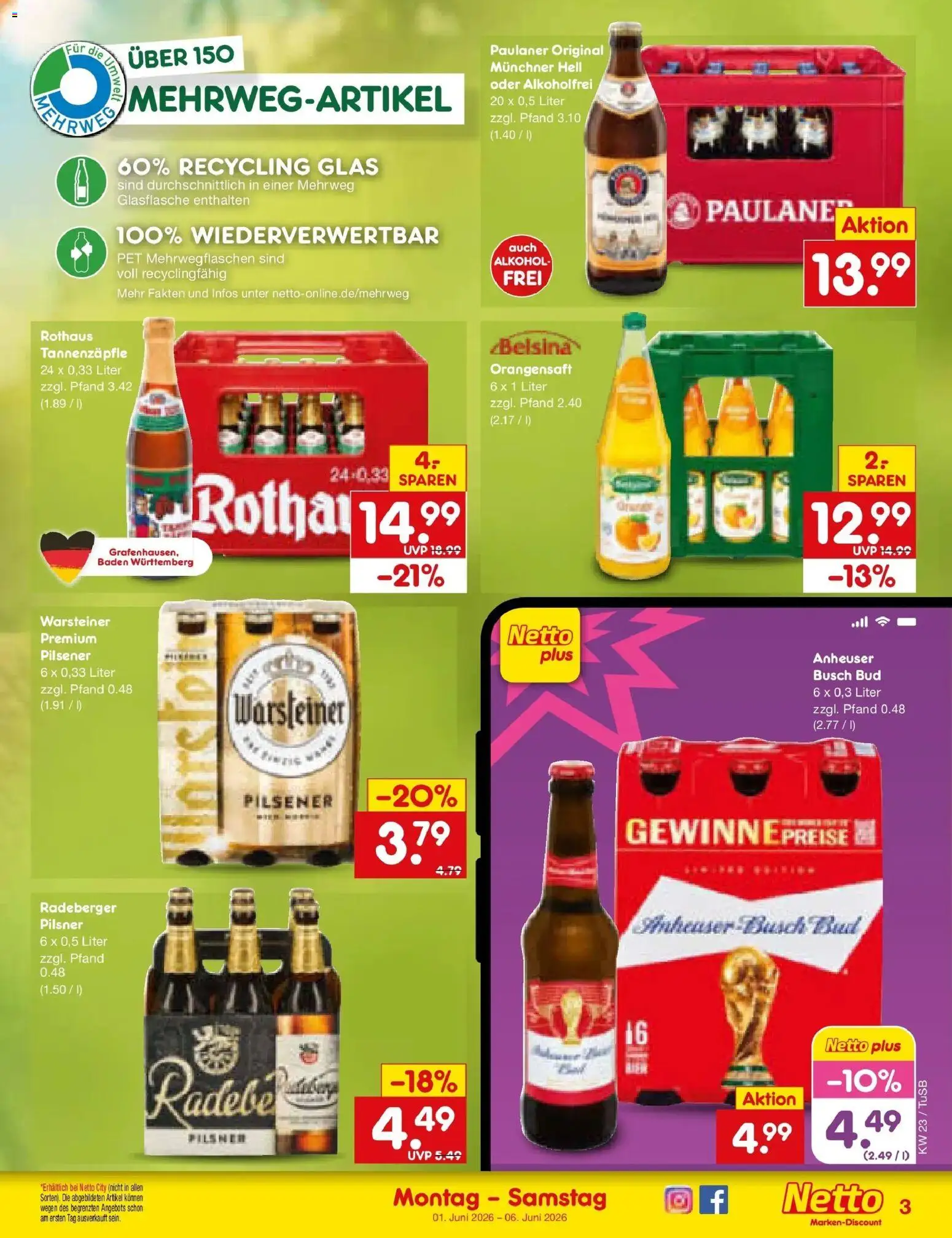Netto Marken-Discount Prospekt Lahr-Langenwinkel – gültig ab 01.06.2026 | Seite: 31 | Produkte: Orangensaft, Warsteiner, Radeberger pilsner, Paulaner