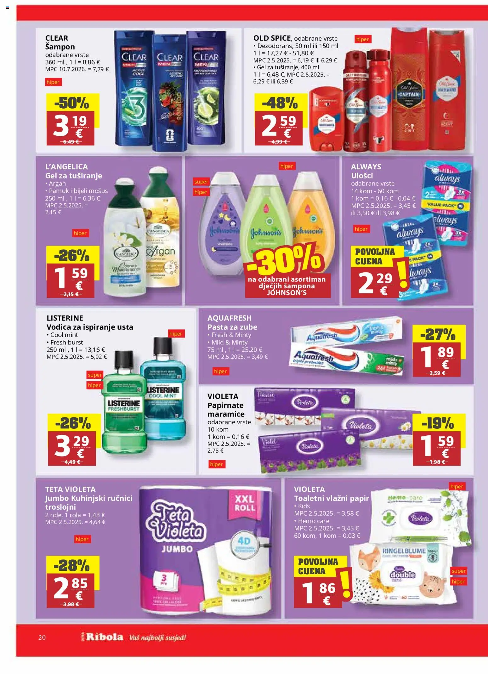 Ribola katalog | vrijedi od 19.08.2026 | Stranica: 20 | Proizvodi: Listerine, Gel za tuširanje, Maramice, Pasta