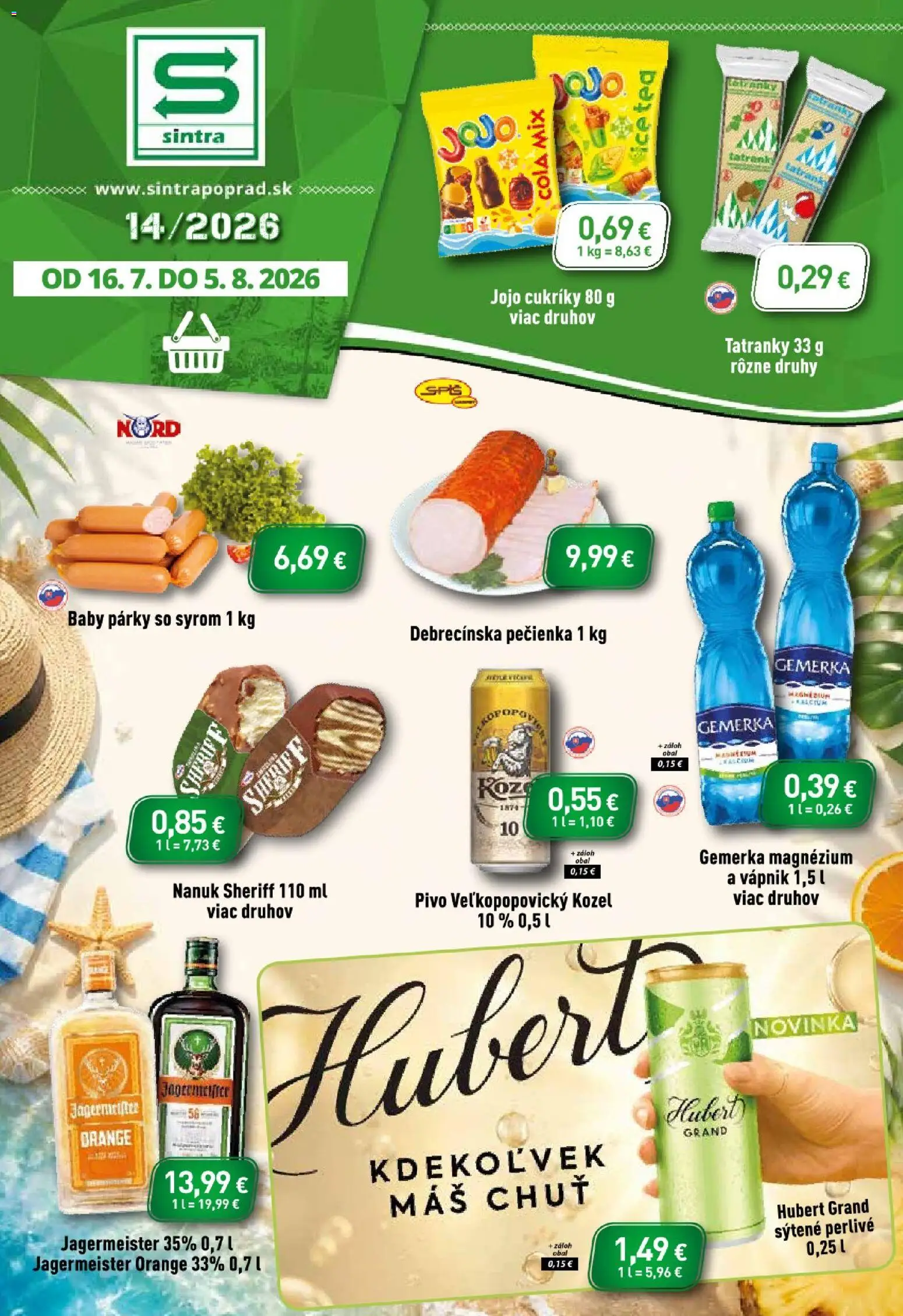 Nové Sintra akcie – leták je platný od 16.07.2026 | Strana: 1 | Produkty: Jägermeister, Pivo, Nanuk, Jägermeister Orange