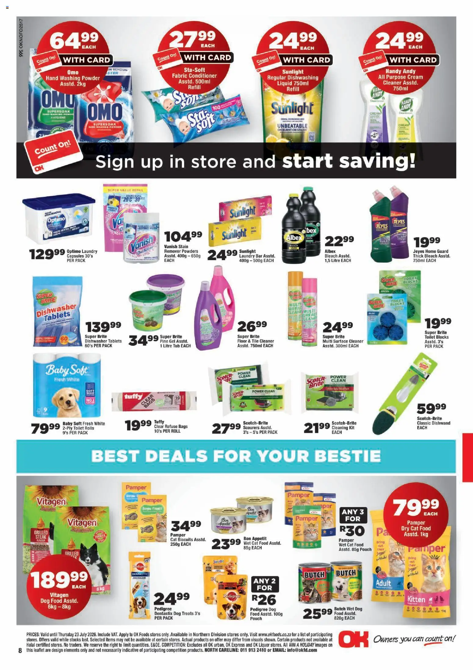 New OK Foods catalogue – valid from 15/07/2026 | Page: 8 | Products: Surface cleaner, Bleach, Powder, Cat food