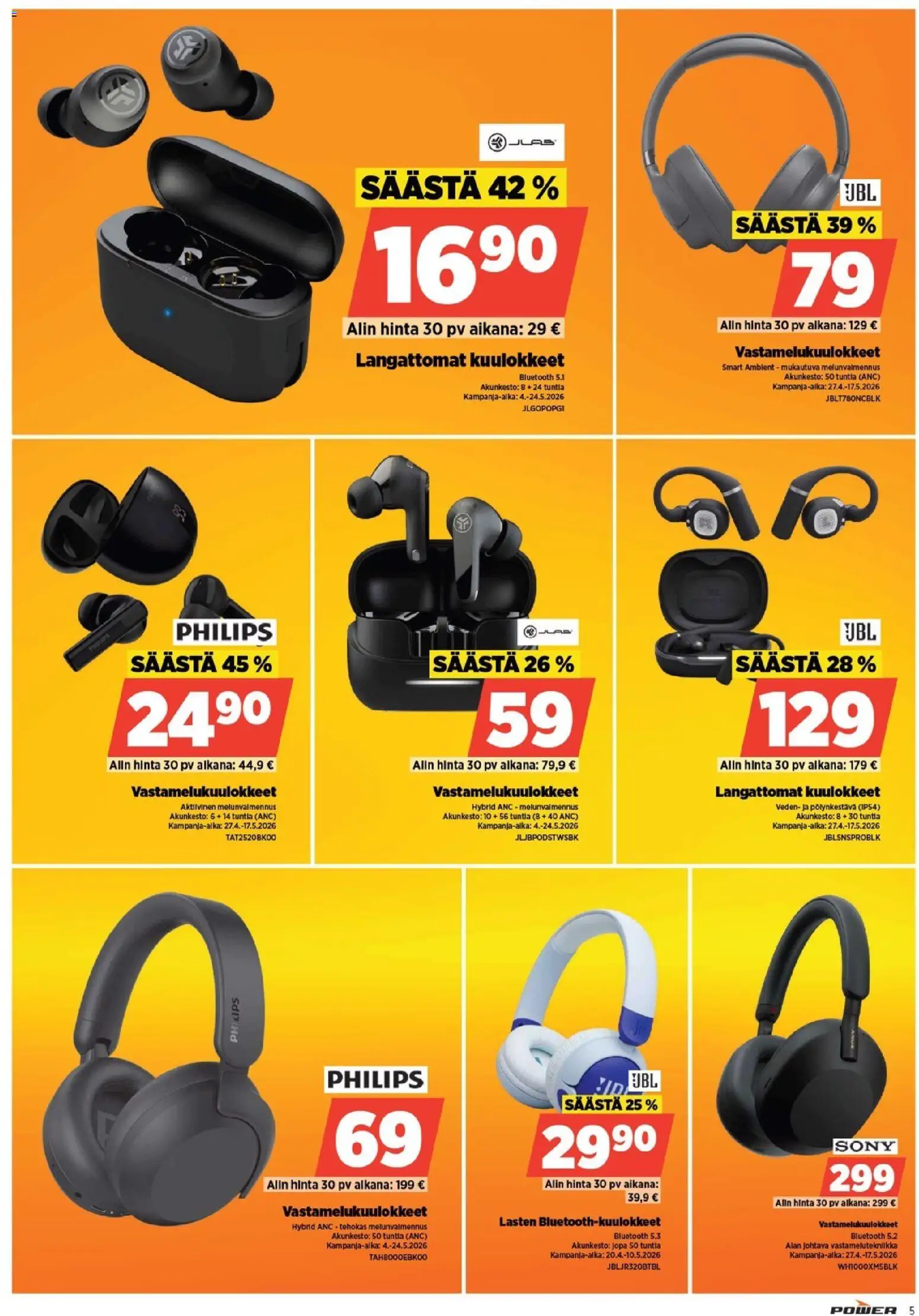 Power tarjoukset – voimassa 04.05.2026 alkaen | Sivu: 5 | Tuotteet: Vastamelukuulokkeet, Langattomat kuulokkeet, Kuulokkeet