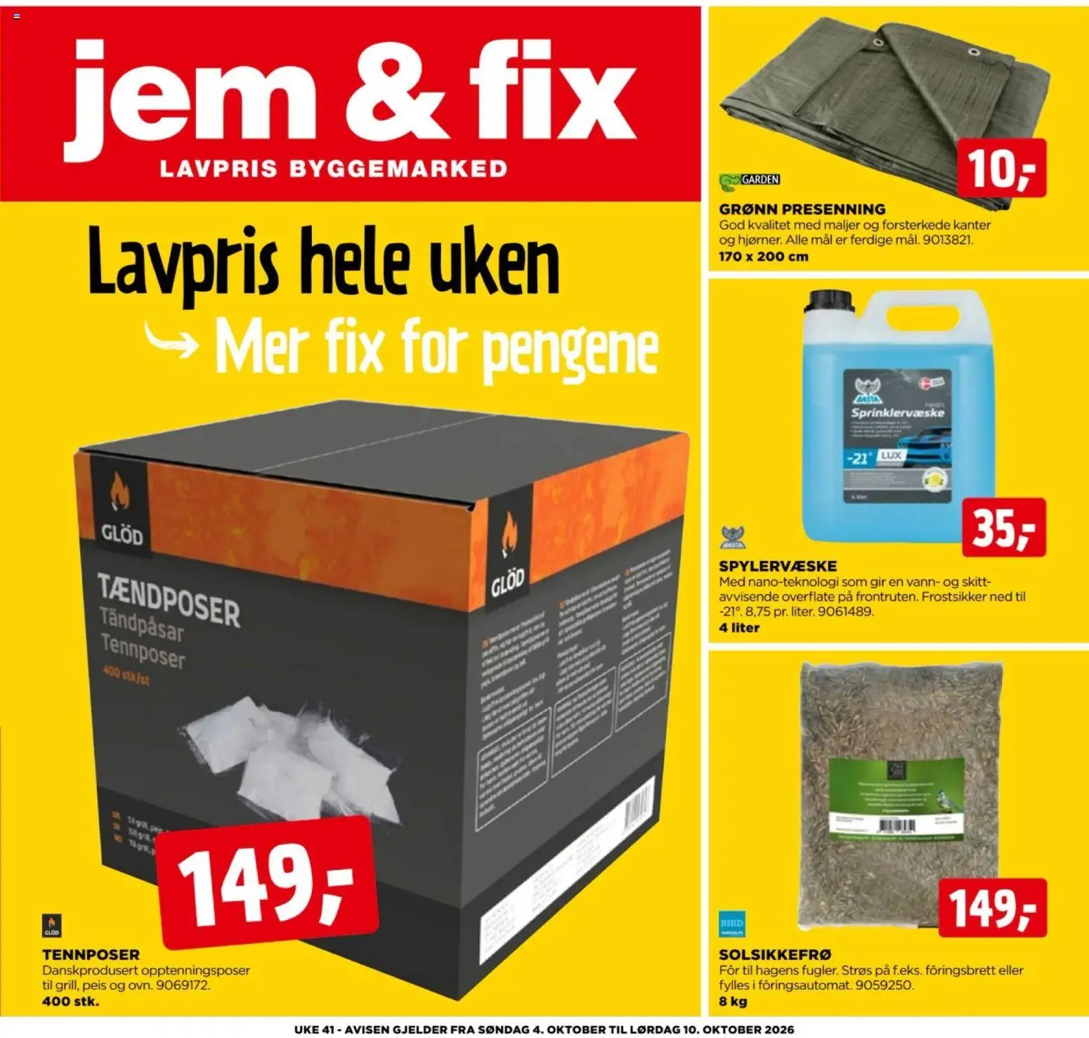 {H1} | Side: 1 | Produkter: Tennposer, Solsikkefrø, Spylervæske, Vann