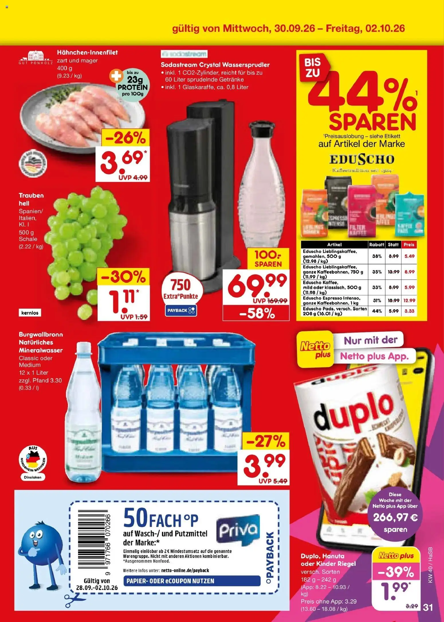 Netto Marken-Discount Prospekt Unna – gültig ab 28.09.2026 | Seite: 49 | Produkte: Trauben, Kinder riegel, Mineralwasser, Eduscho