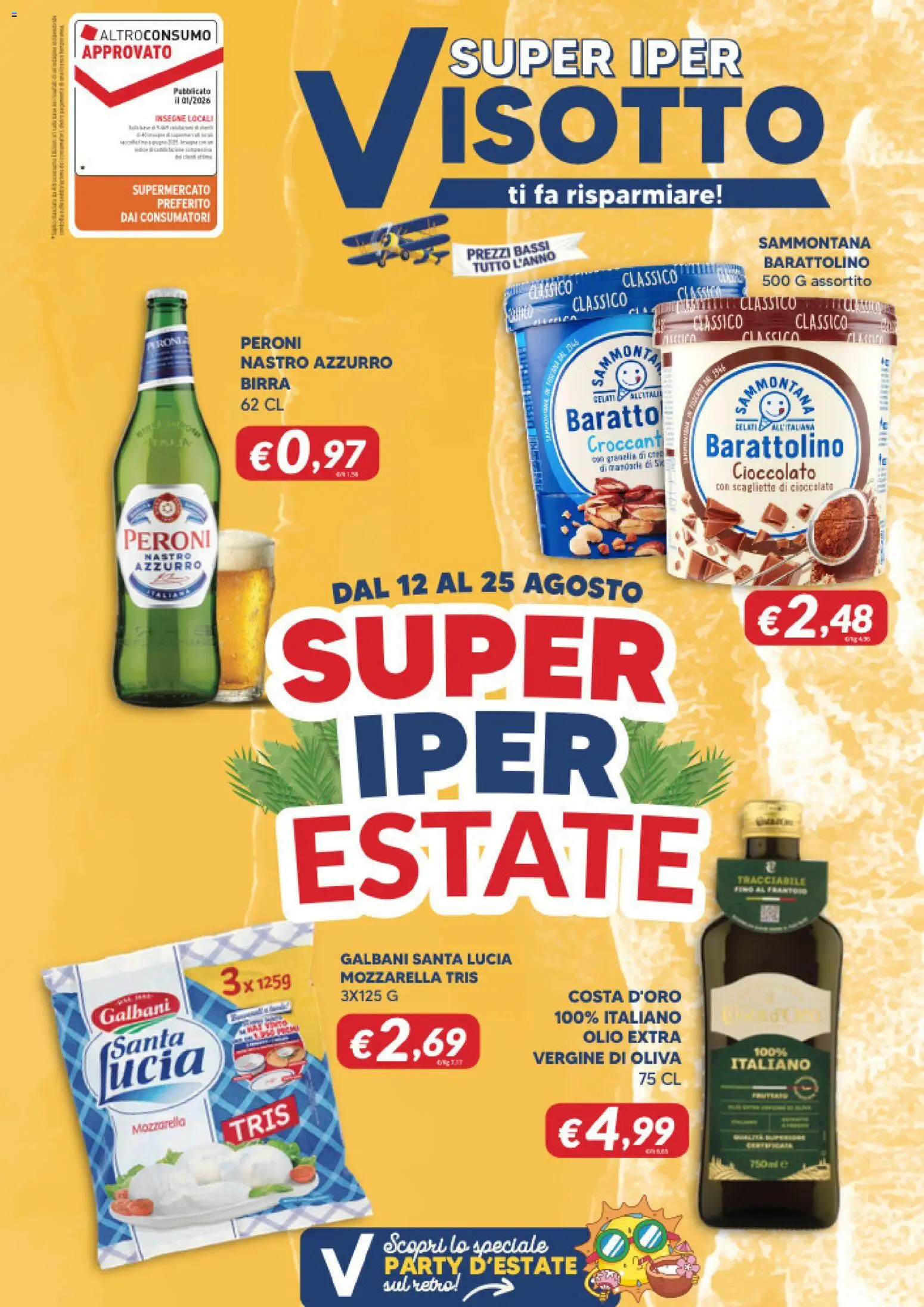 Volantino Visotto del 12/08/2026 | Pagina: 1 | Prodotti: Cioccolato, Birra, Olio, Olio extra vergine