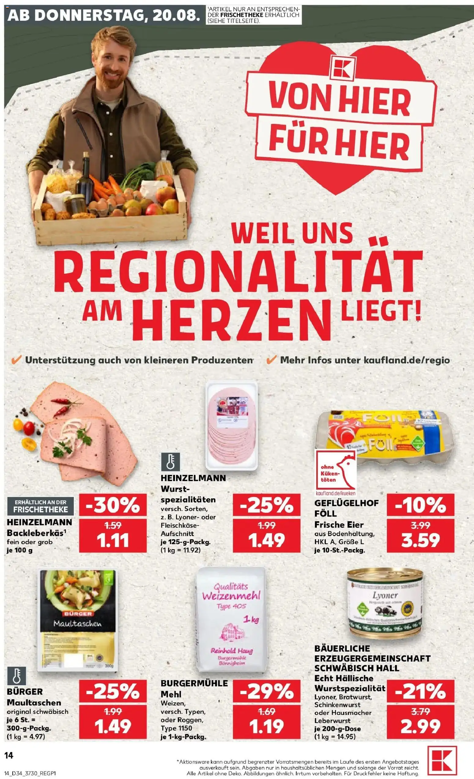 Prospekt Kaufland ab 20.08.2026 » Angebote Online zum Blättern | Seite: 14 | Produkte: Eier, Bratwurst, Weizenmehl, Maultaschen