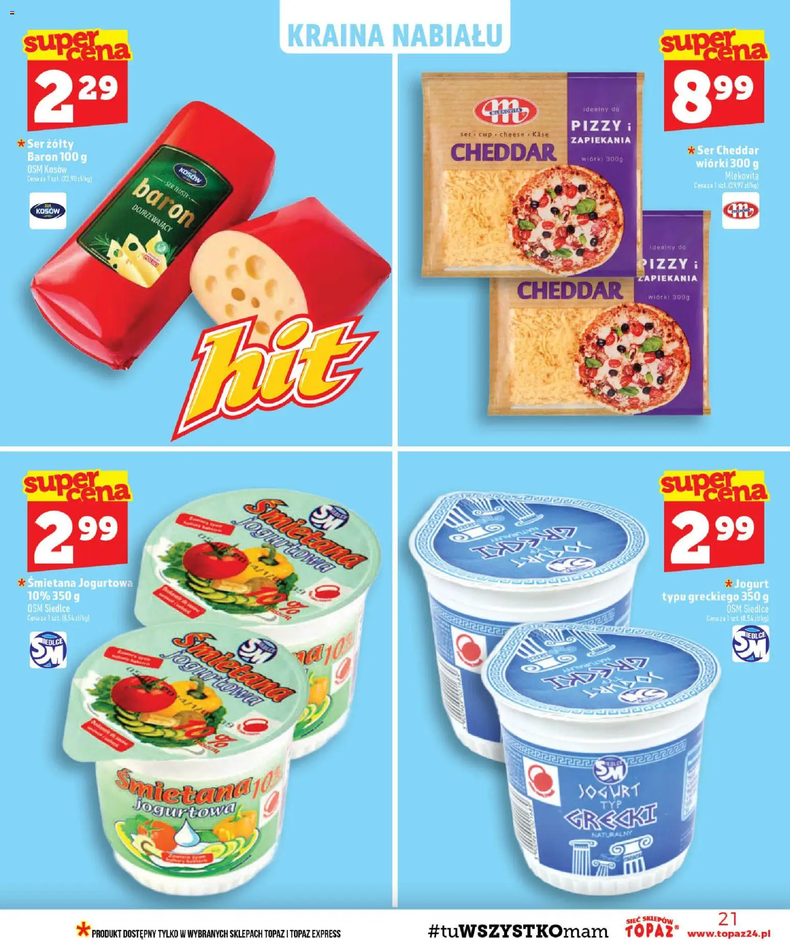 Topaz gazetka - MAZ od 27.08.2026 | Strona: 21 | Produkty: Ser żółty, Jogurt, Śmietana, Cheddar