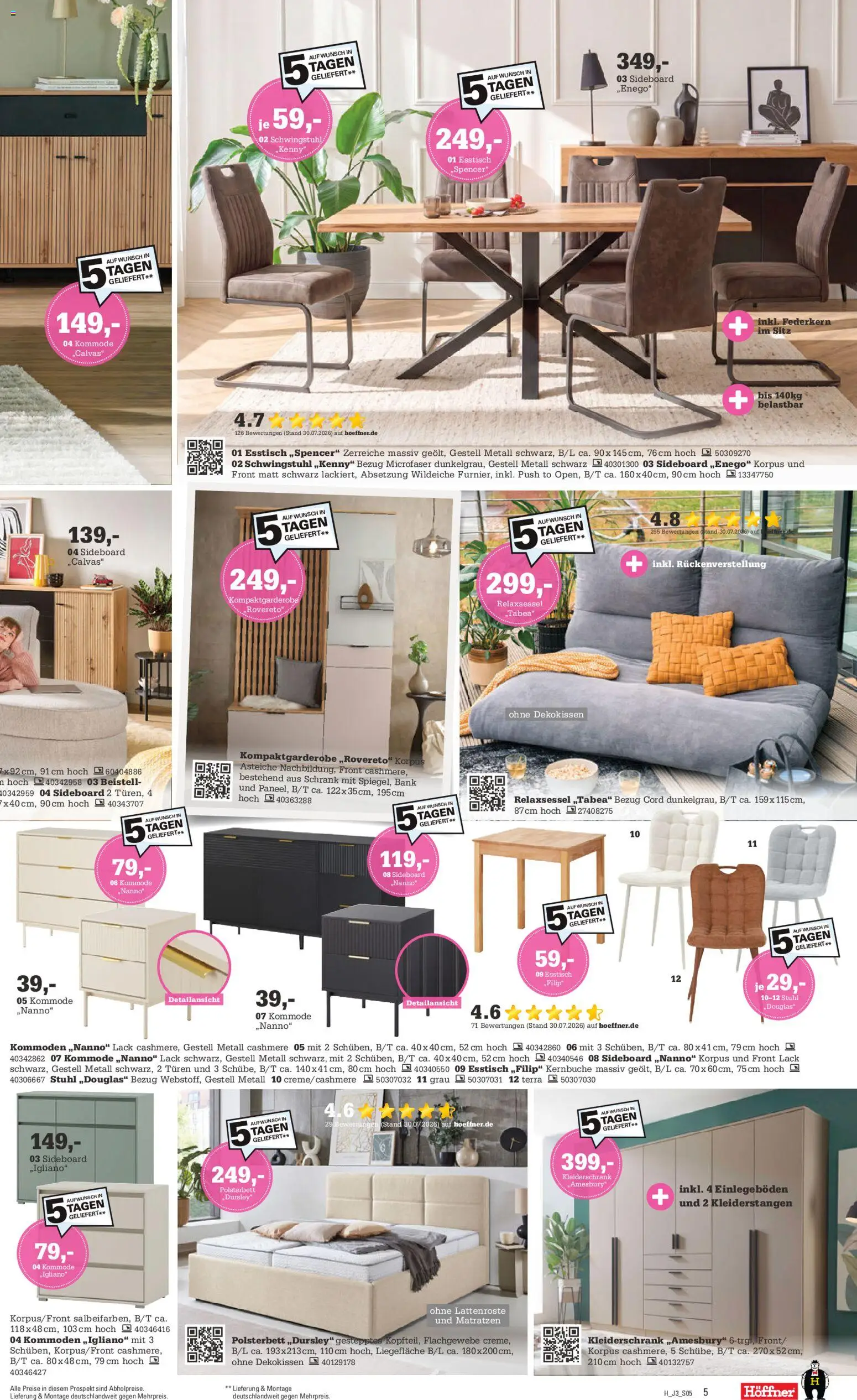 Höffner Prospekt – gültig ab 26.08.2026 | Seite: 5 | Produkte: Relaxsessel, Esstisch, Kommode, Polsterbett