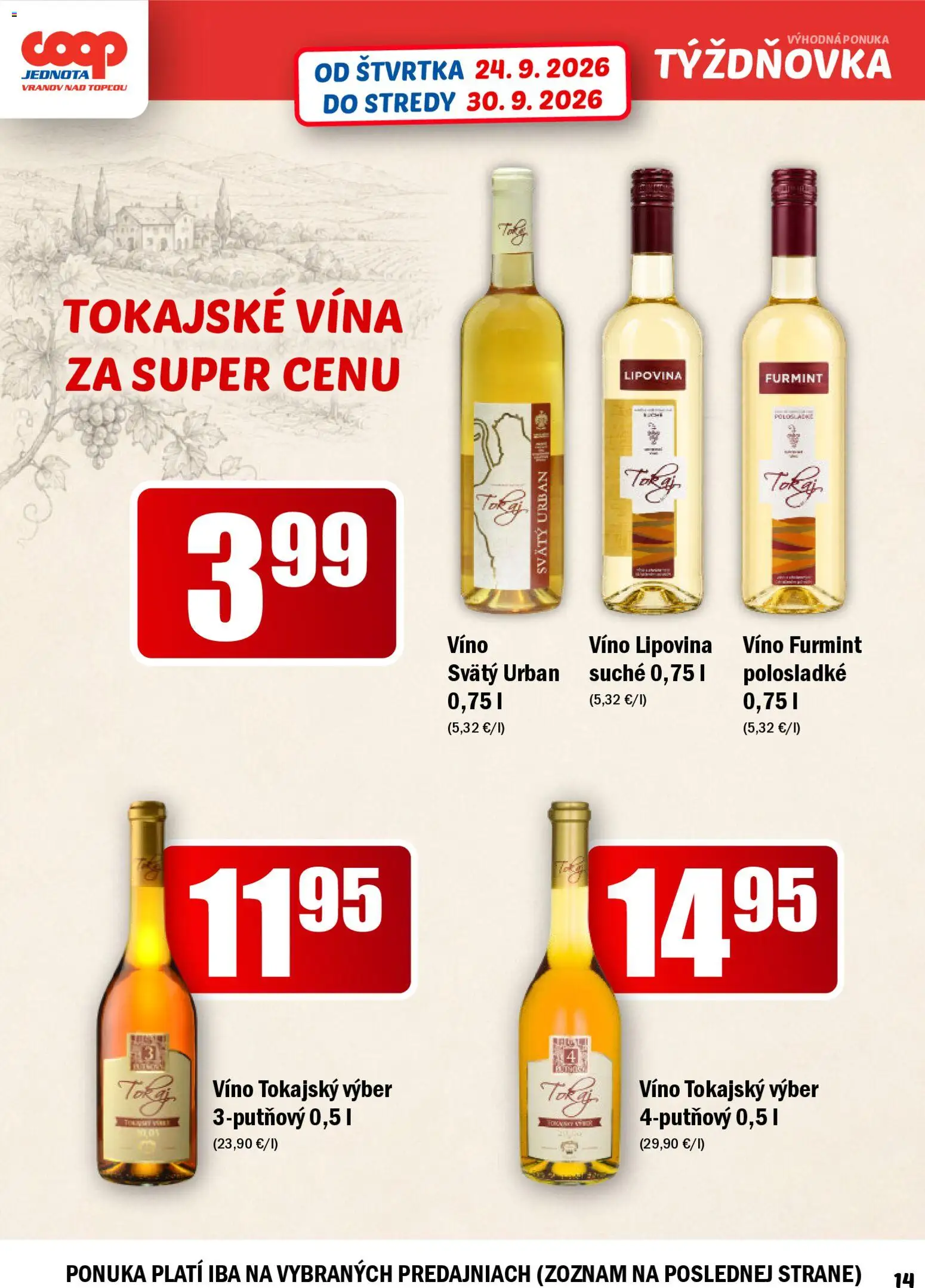 Nové COOP Jednota akcie – leták je platný od 24.09.2026 | Strana: 14 | Produkty: Víno