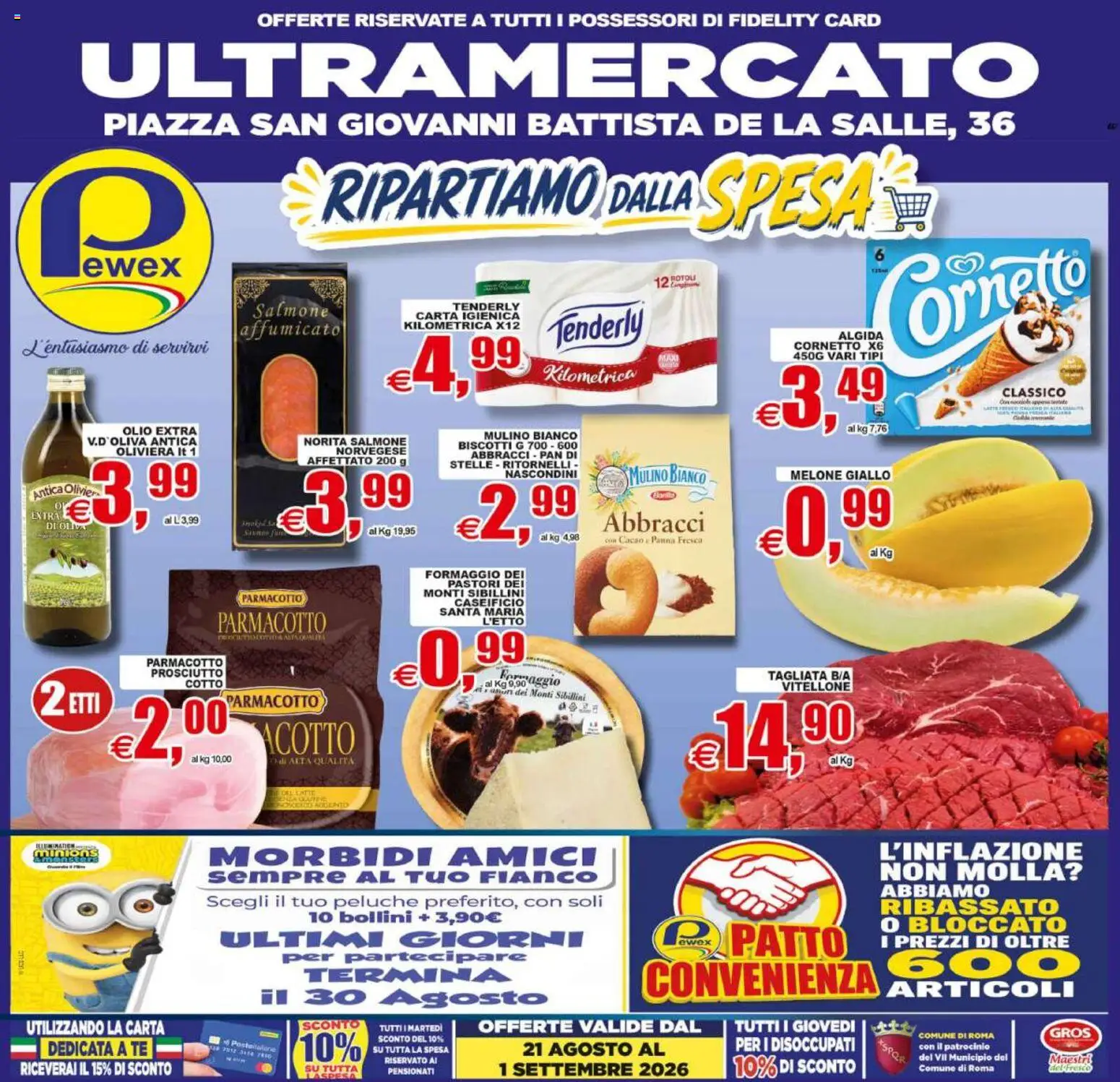 Volantino Pewex del 21/08/2026 | Pagina: 1 | Prodotti: Peluche, Carta igienica, Panna, Prosciutto