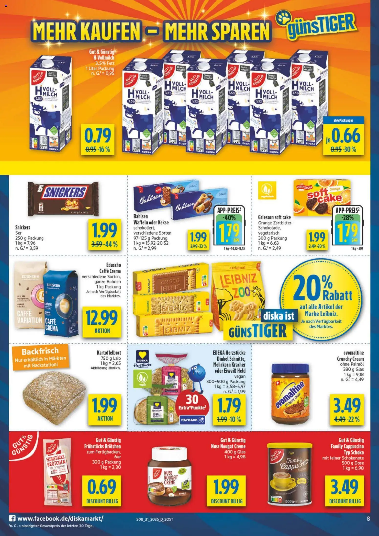 Diska Prospekt – gültig ab 27.07.2026 | Seite: 8 | Produkte: Snickers, Creme, Kekse, Eduscho
