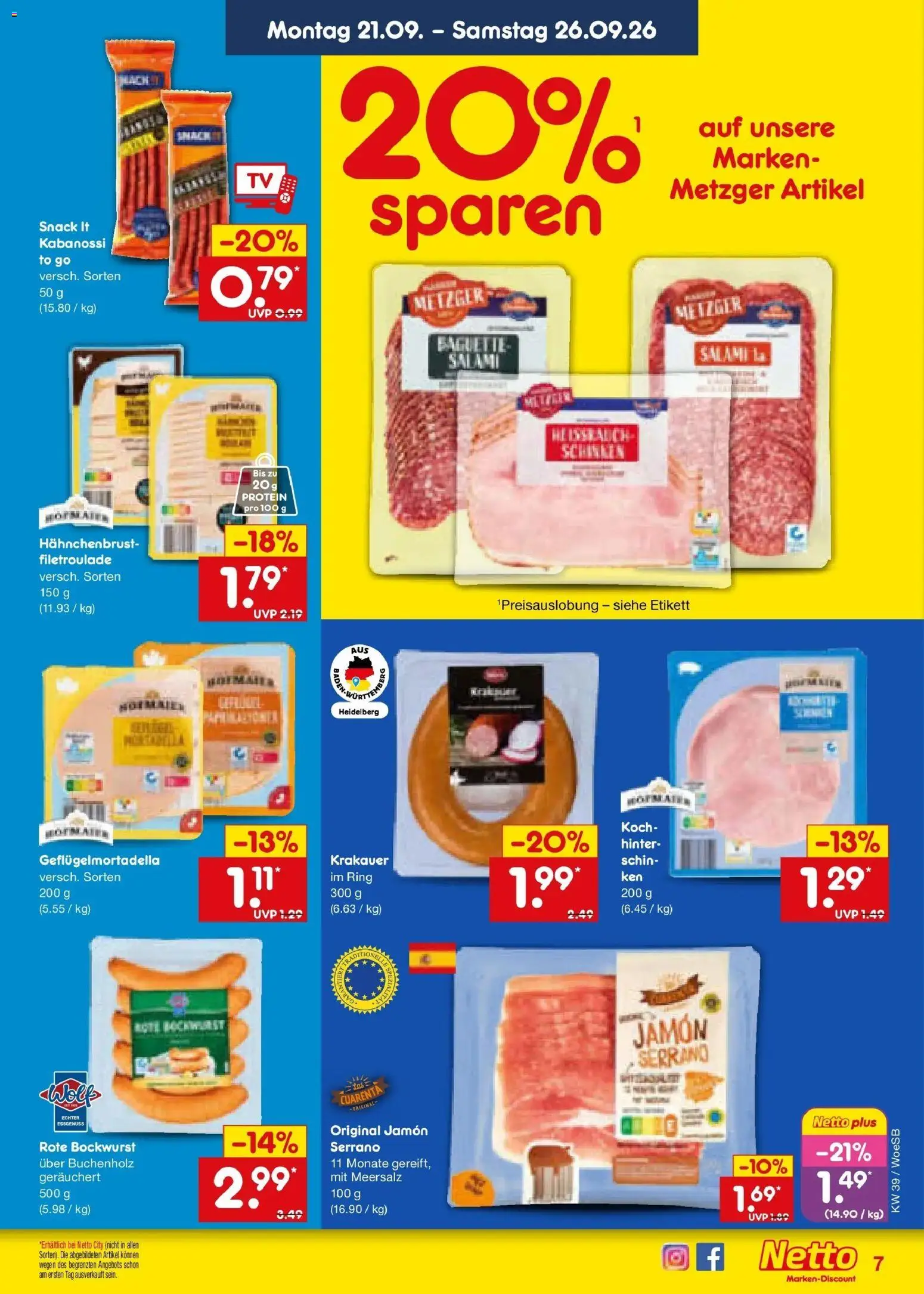 Netto Marken-Discount Prospekt Leonberg – gültig ab 21.09.2026 | Seite: 11 | Produkte: Bockwurst, Salami, Schinken, Hahnchenbrust