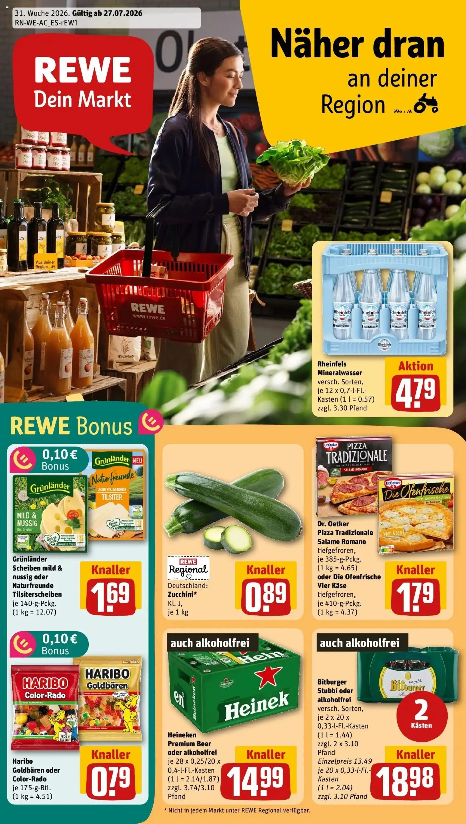 Rewe Prospekt Aachen – gültig ab 27.07.2026 | Seite: 1 | Produkte: Bitburger, Haribo, Ofenfrische, Mineralwasser