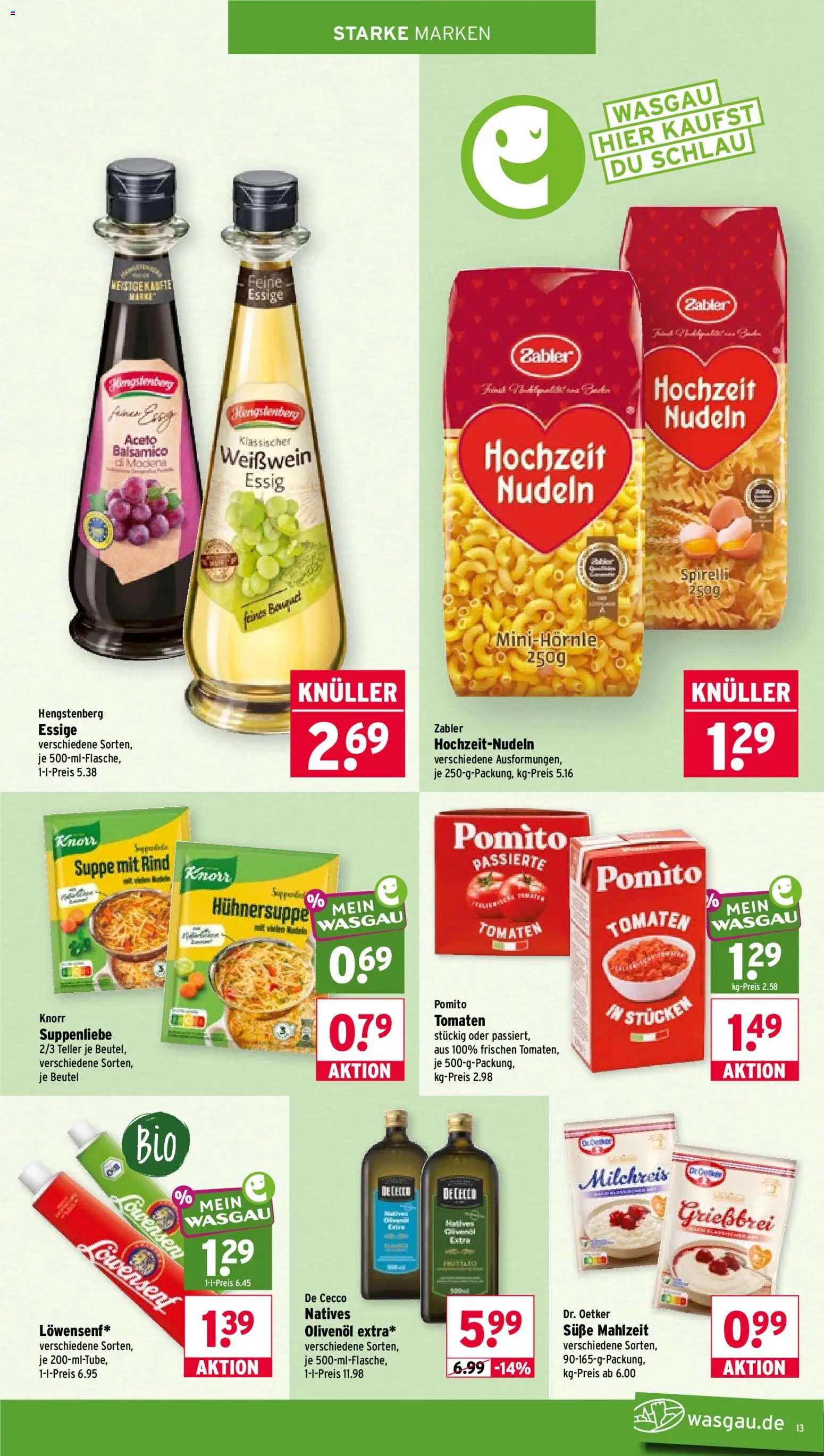 Wasgau Prospekt – gültig ab 24.08.2026 | Seite: 13 | Produkte: Essig, Olivenol, Tomaten, Nudeln