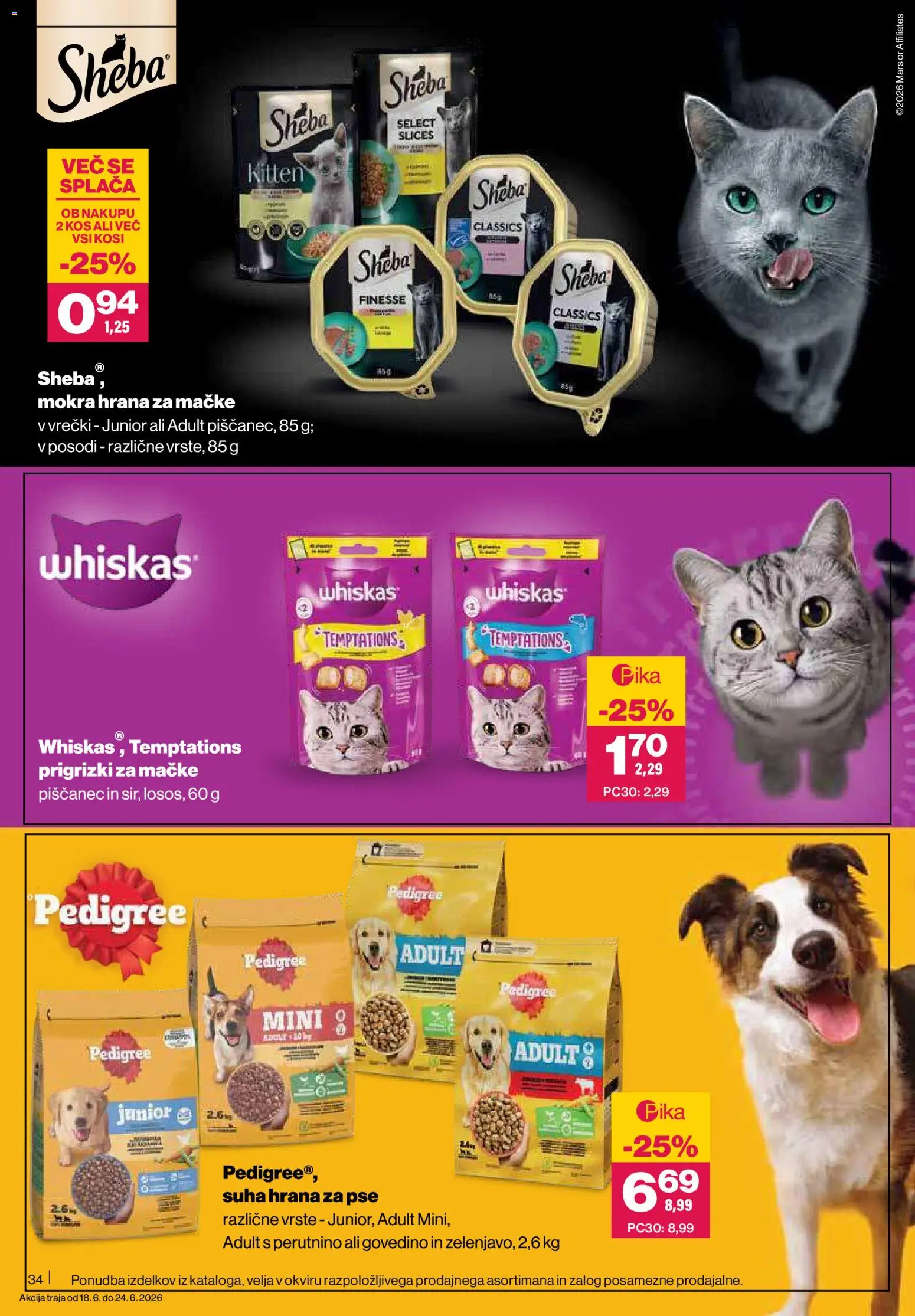 Novi Mercator katalog ponudbe – veljaven od 18.06.2026 | Stran: 34 | Izdelki: Hrana za mačke, Hrana za pse, Kos, Prigrizki