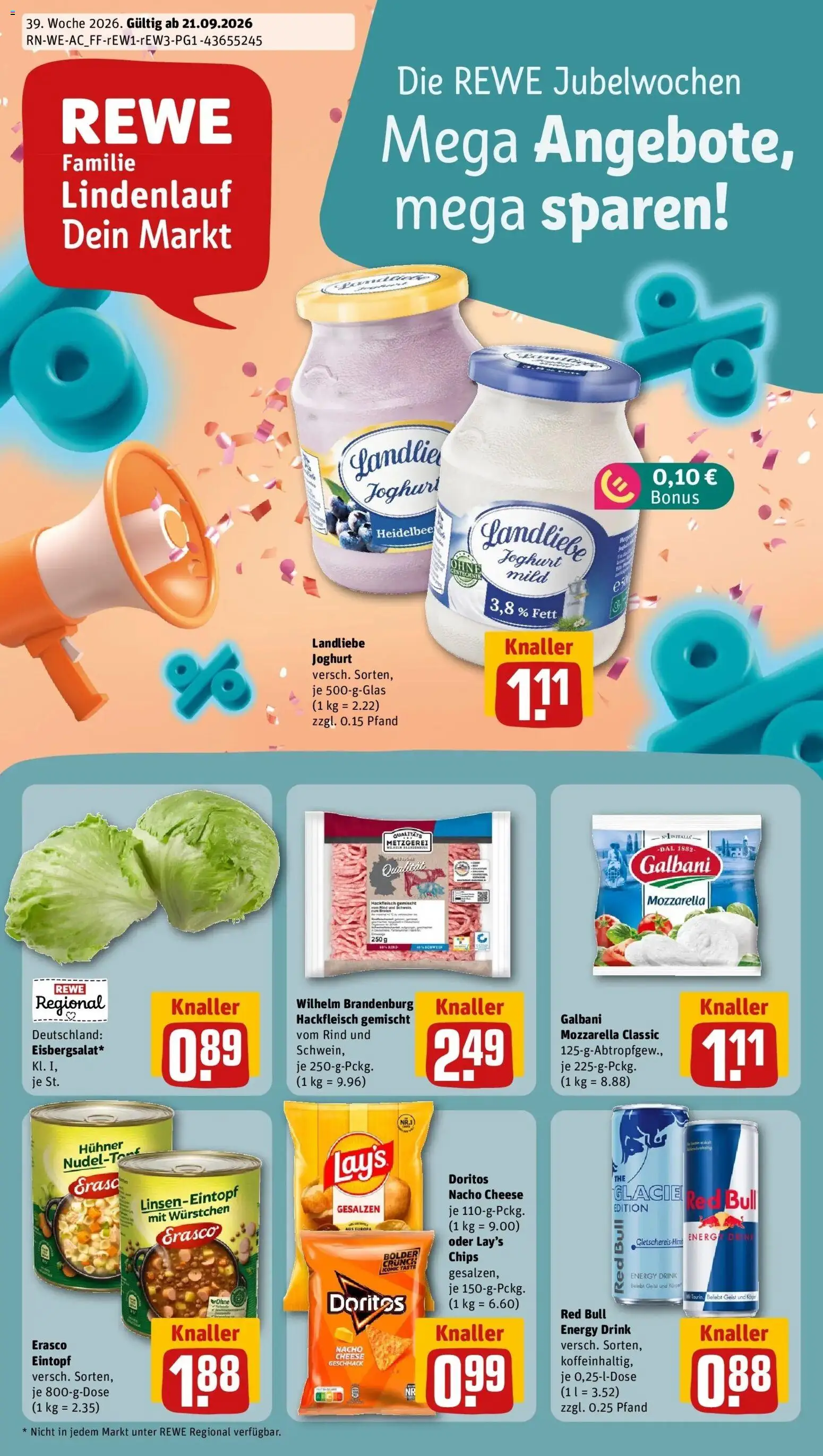 REWE Prospekt ab 21.09.2026 zum Blättern » Angebote | Seite: 1 | Produkte: Energy, Joghurt, Erasco, Hackfleisch