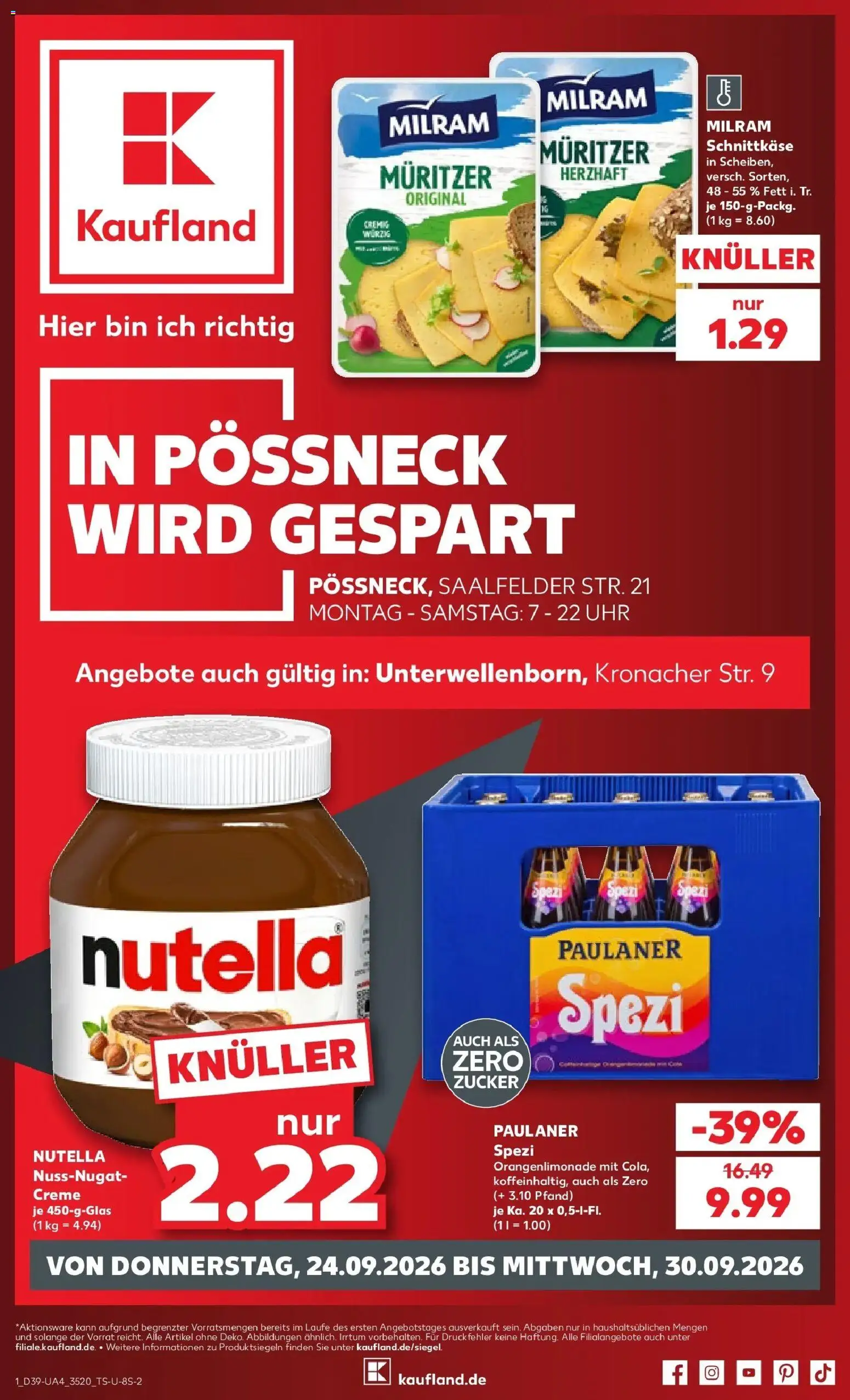 Prospekt Kaufland ab 24.09.2026 » Angebote Online zum Blättern | Seite: 1 | Produkte: Milram, Zucker, Uhr, Paulaner
