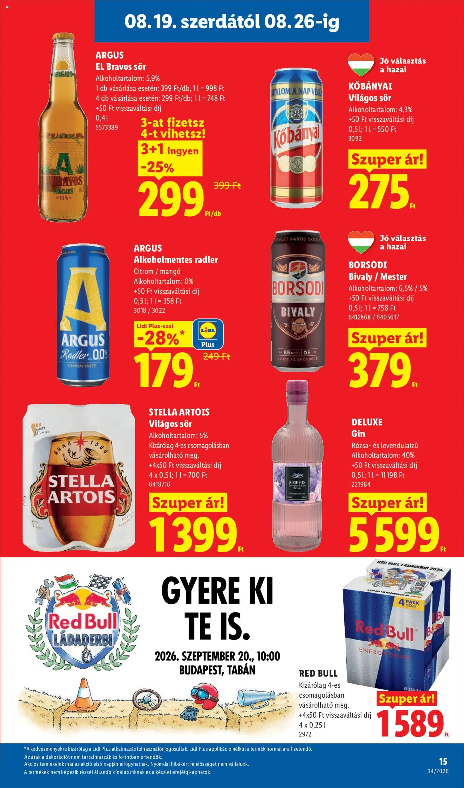 Lidl akciós ujság - amely érvényes a következő dátumtól: 2026.08.19. | Oldal: 15 | Termékek: Radler, Világos sör, Stella artois, Gin