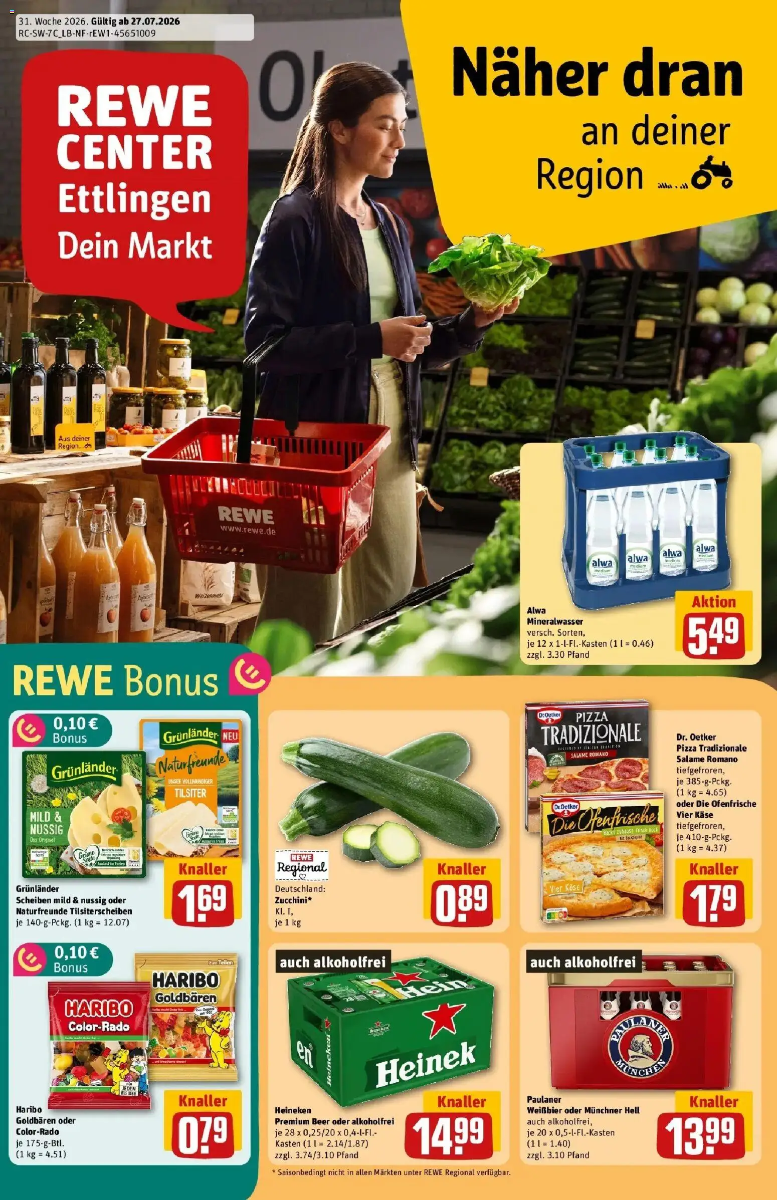 Rewe Prospekt Ettlingen – gültig ab 27.07.2026 | Seite: 1 | Produkte: Ofenfrische, Mineralwasser, Heineken, Paulaner