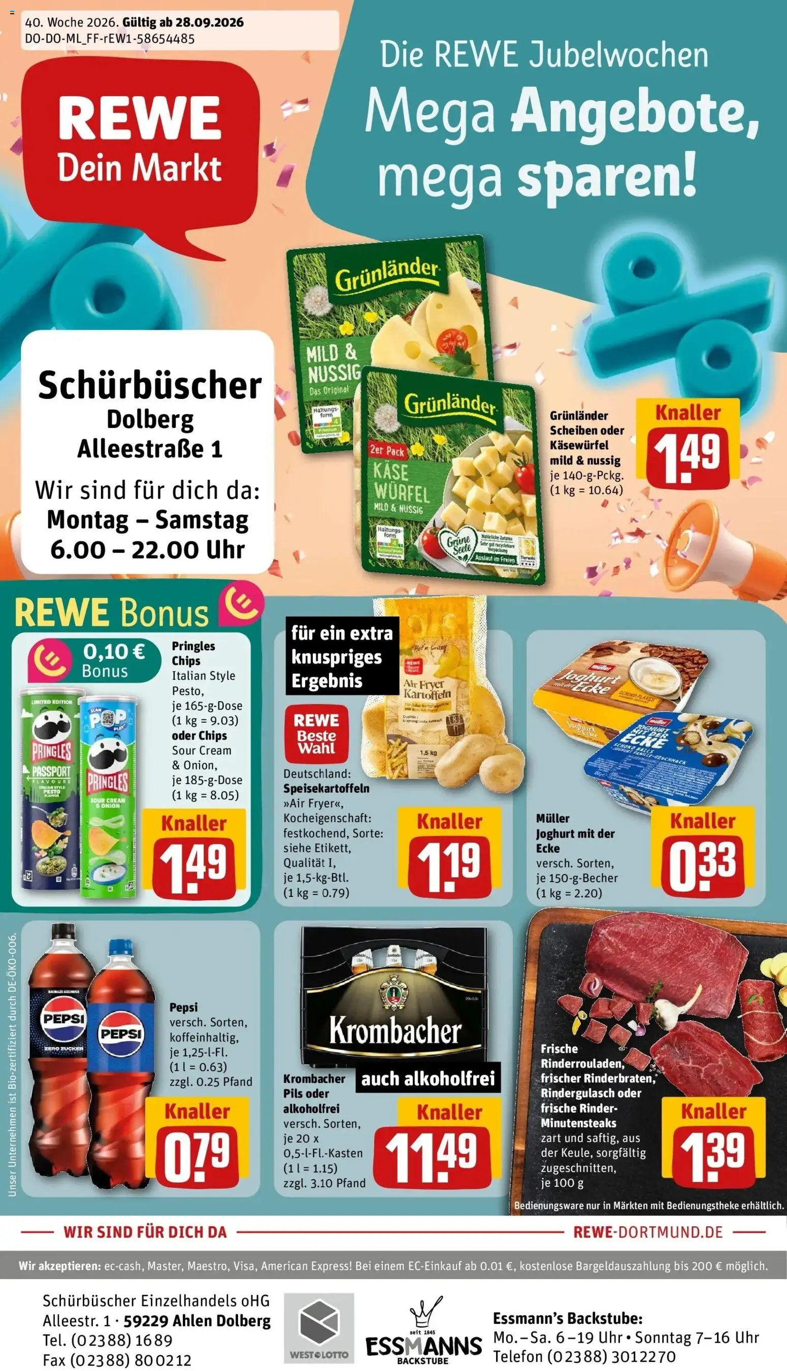 REWE Prospekt ab 28.09.2026 zum Blättern » Angebote | Seite: 1 | Produkte: Käse, Joghurt, Krombacher, Pepsi