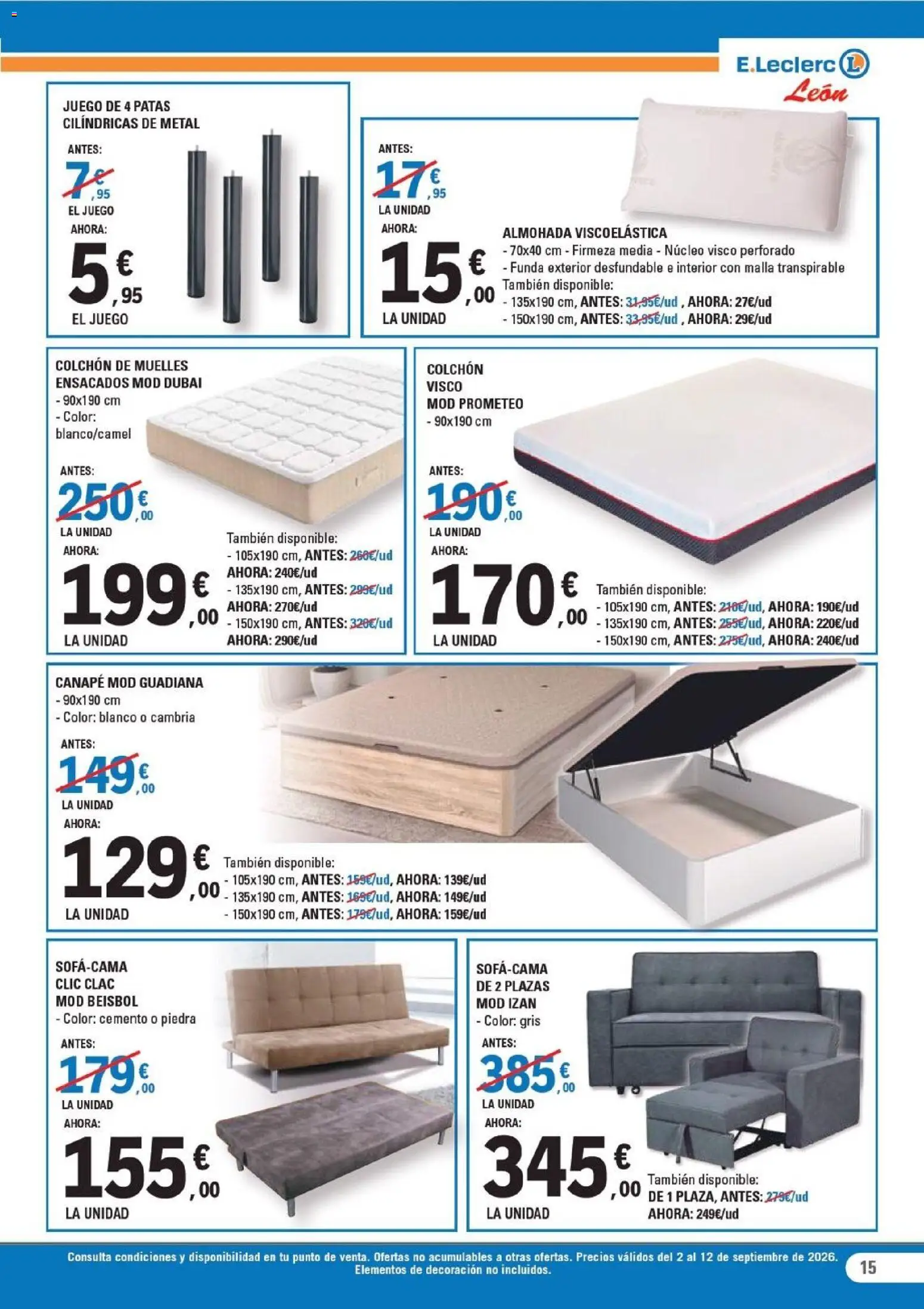 E.Leclerc folleto León │ válido desde el 02/09/2026 | Página: 15 | Productos: Colchon, Funda, Cemento, Decoración