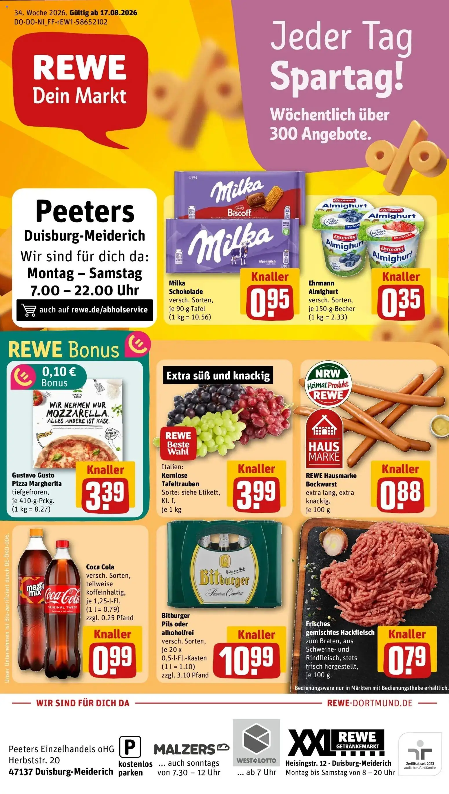 REWE Prospekt ab 17.08.2026 zum Blättern » Angebote | Seite: 1 | Produkte: Gustavo gusto, Bitburger, Coca cola, Pils