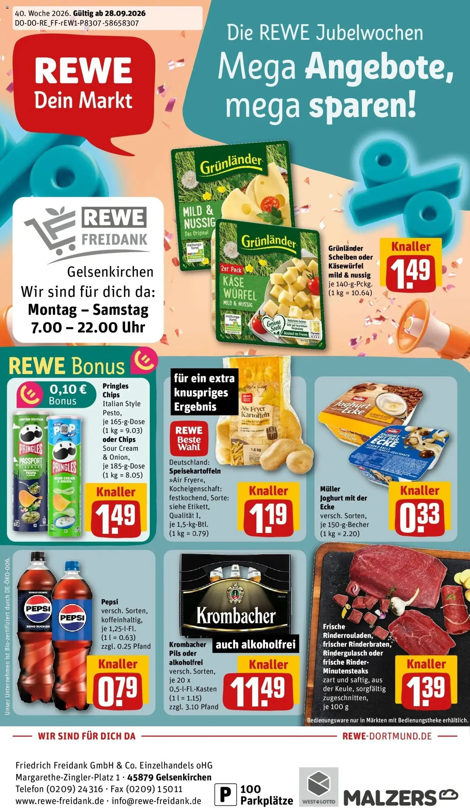 REWE Prospekt ab 28.09.2026 zum Blättern » Angebote | Seite: 1 | Produkte: Kartoffeln, Zucker, Pepsi, Pringles
