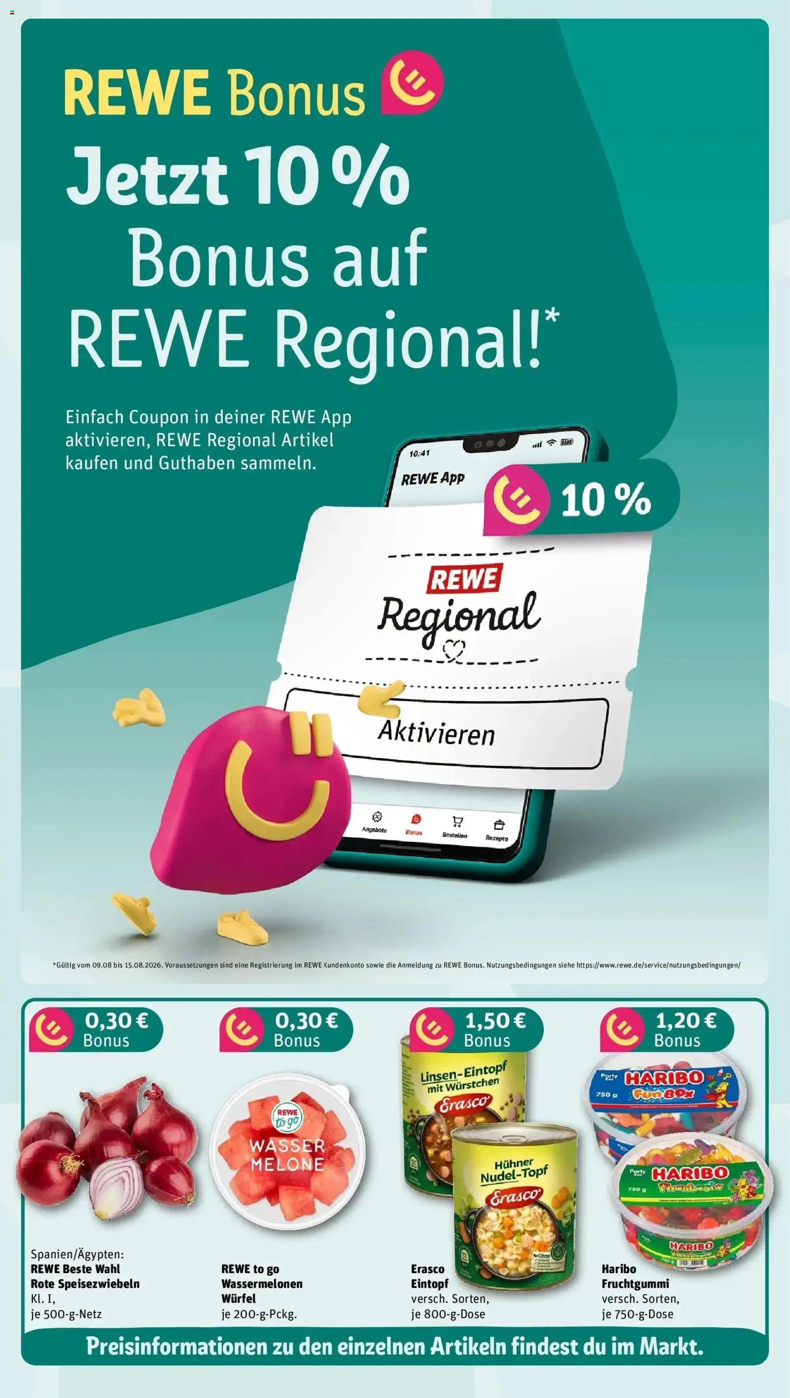 REWE Prospekt ab 10.08.2026 zum Blättern » Angebote | Seite: 3 | Produkte: Haribo, Wasser, Melone, Erasco