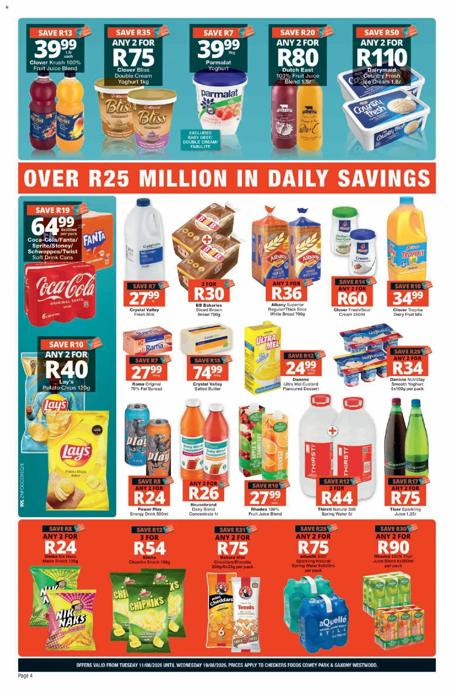 New Checkers catalogue – valid from 11/08/2026 | Page: 4 | Products: Custard, Milk, Bread, Fanta