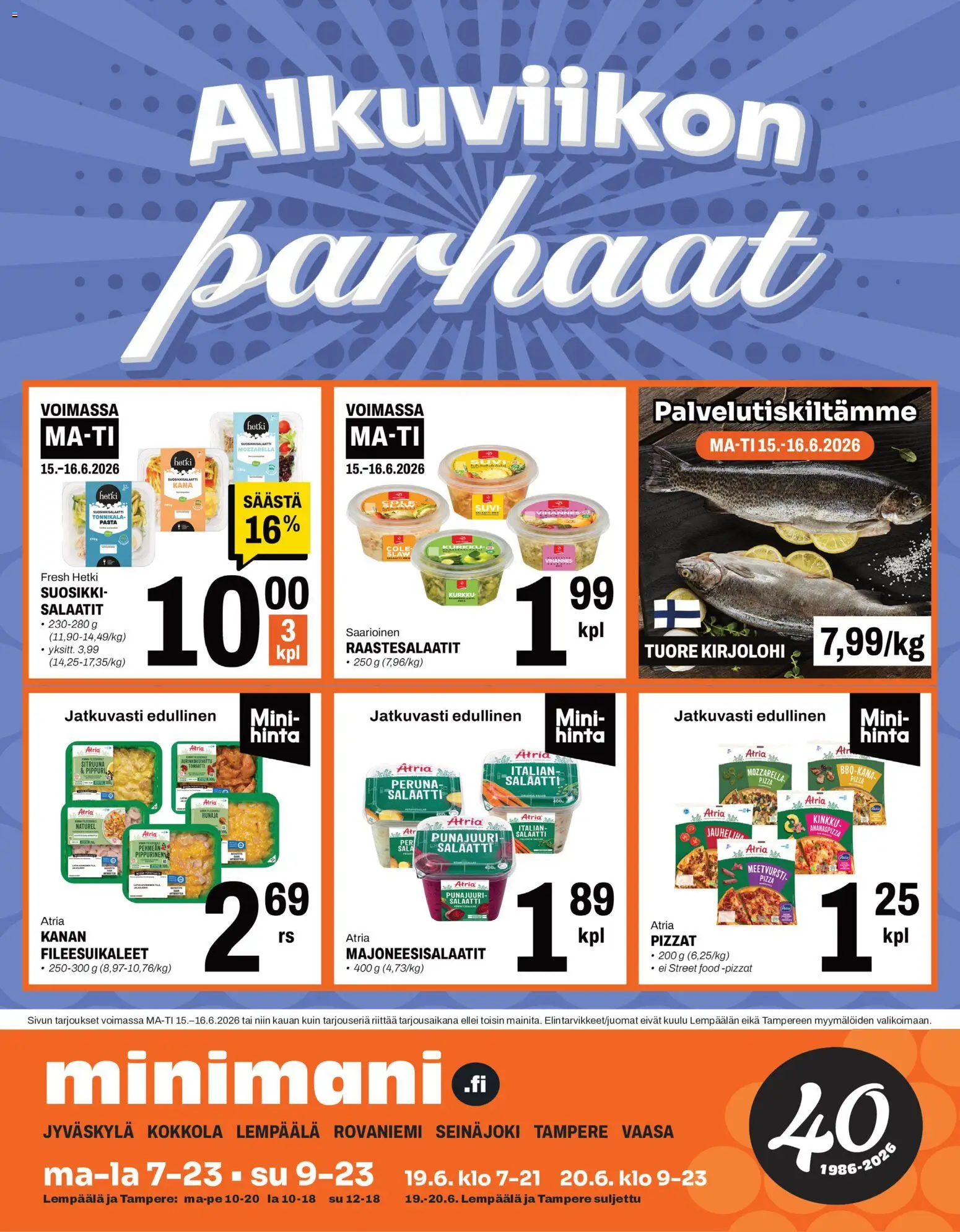 Minimani tarjoukset – voimassa 15.06.2026 alkaen | Sivu: 1 | Tuotteet: Kirjolohi, Mozzarella, Peruna, Punajuuri