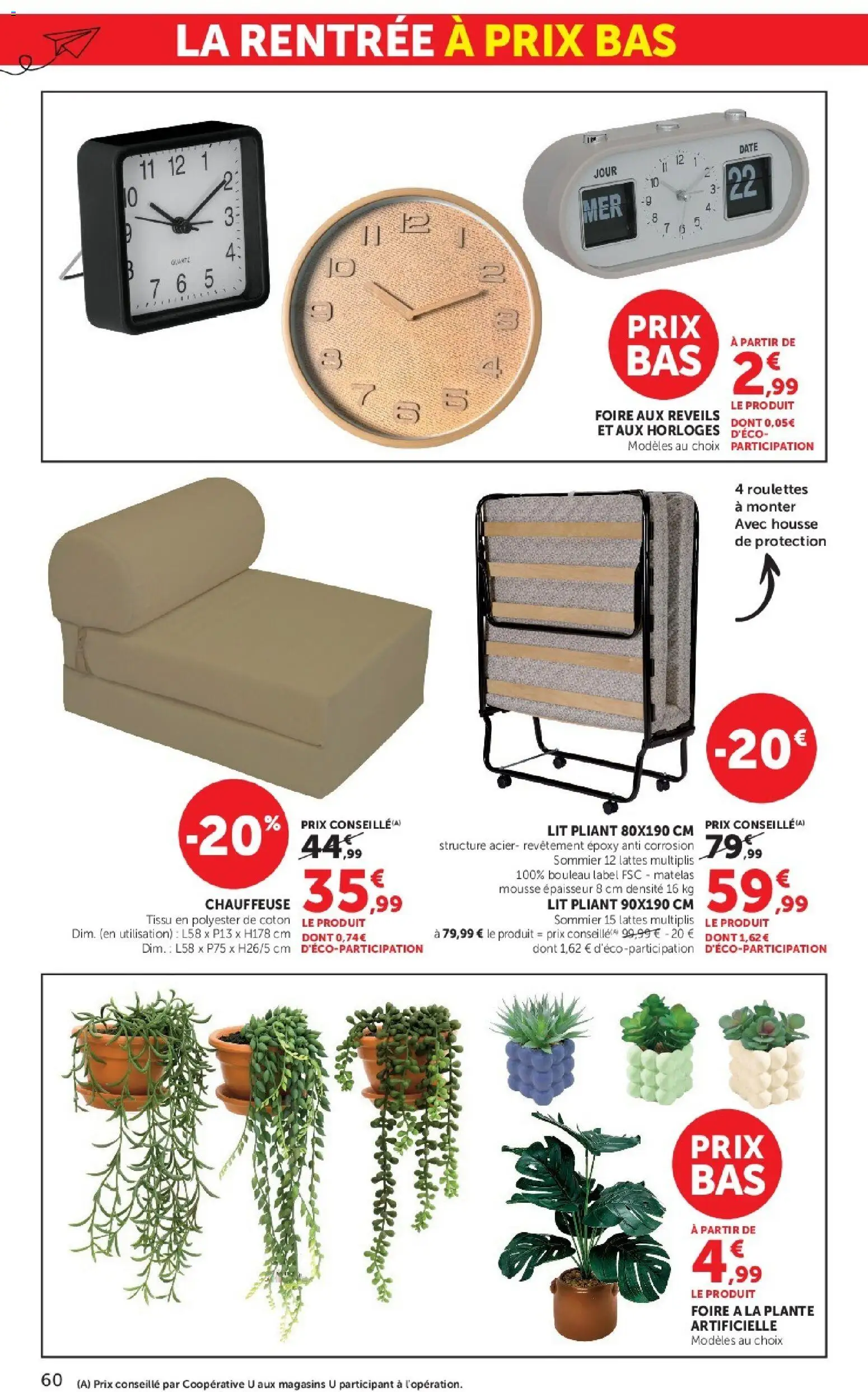 {H1} | Page: 60 | Produits: Matelas mousse, Lit pliant 80x190, Plante artificielle, Matelas