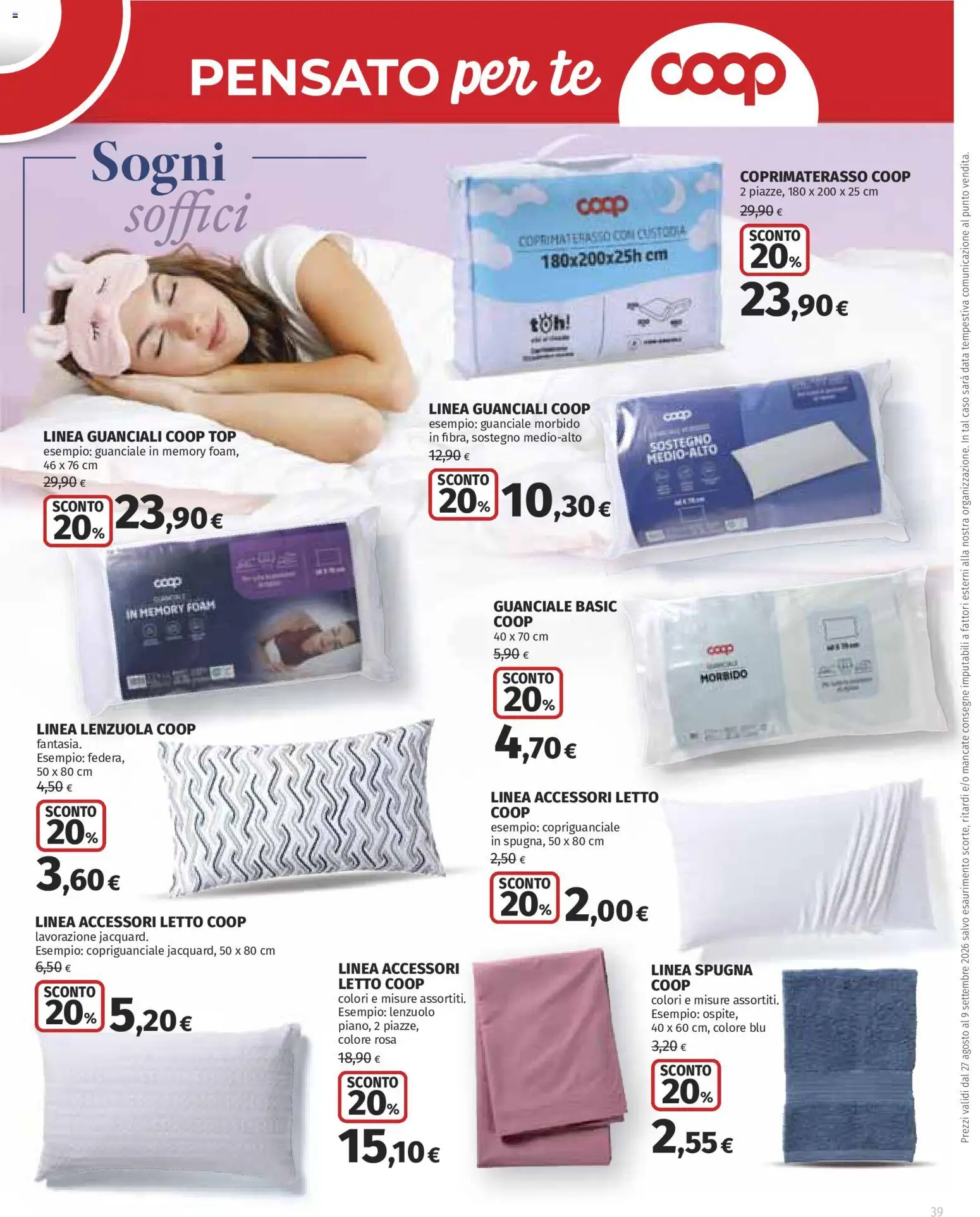 Volantino Ipercoop del 27/08/2026 | Pagina: 39 | Prodotti: Spugna, Data, Letto, Coprimaterasso