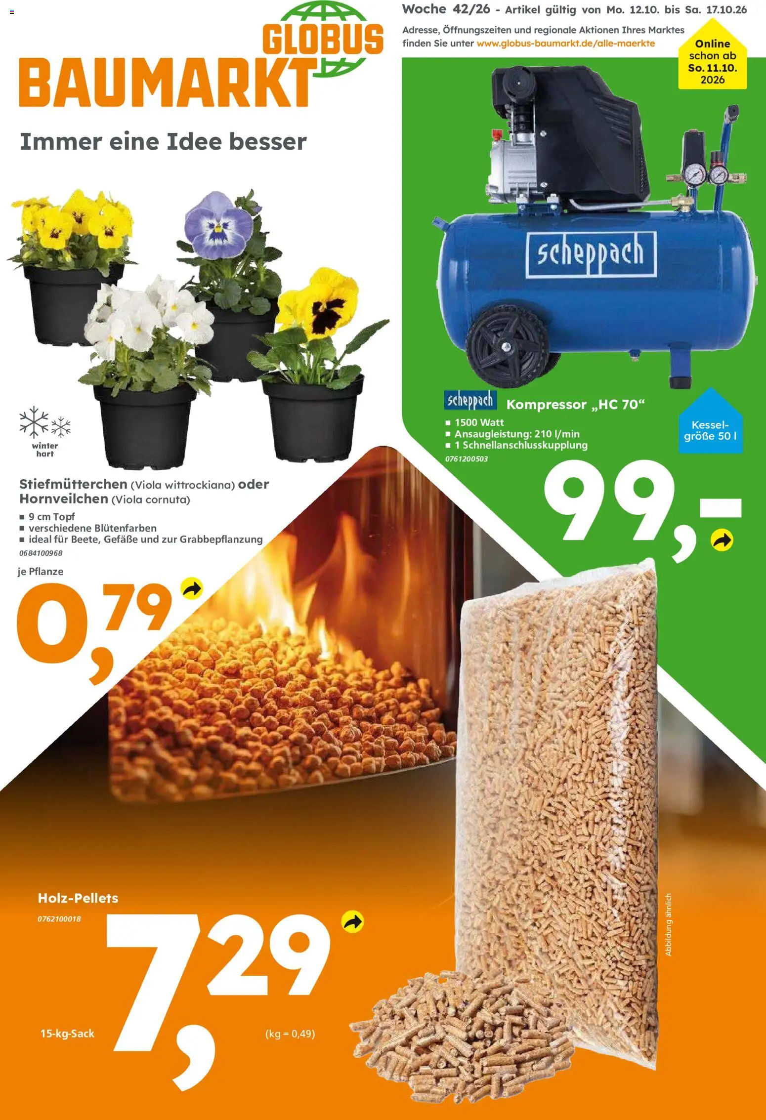 Globus Baumarkt Prospekt Berlin-Treptow – gültig ab 12.10.2026 | Seite: 1 | Produkte: Stiefmutterchen