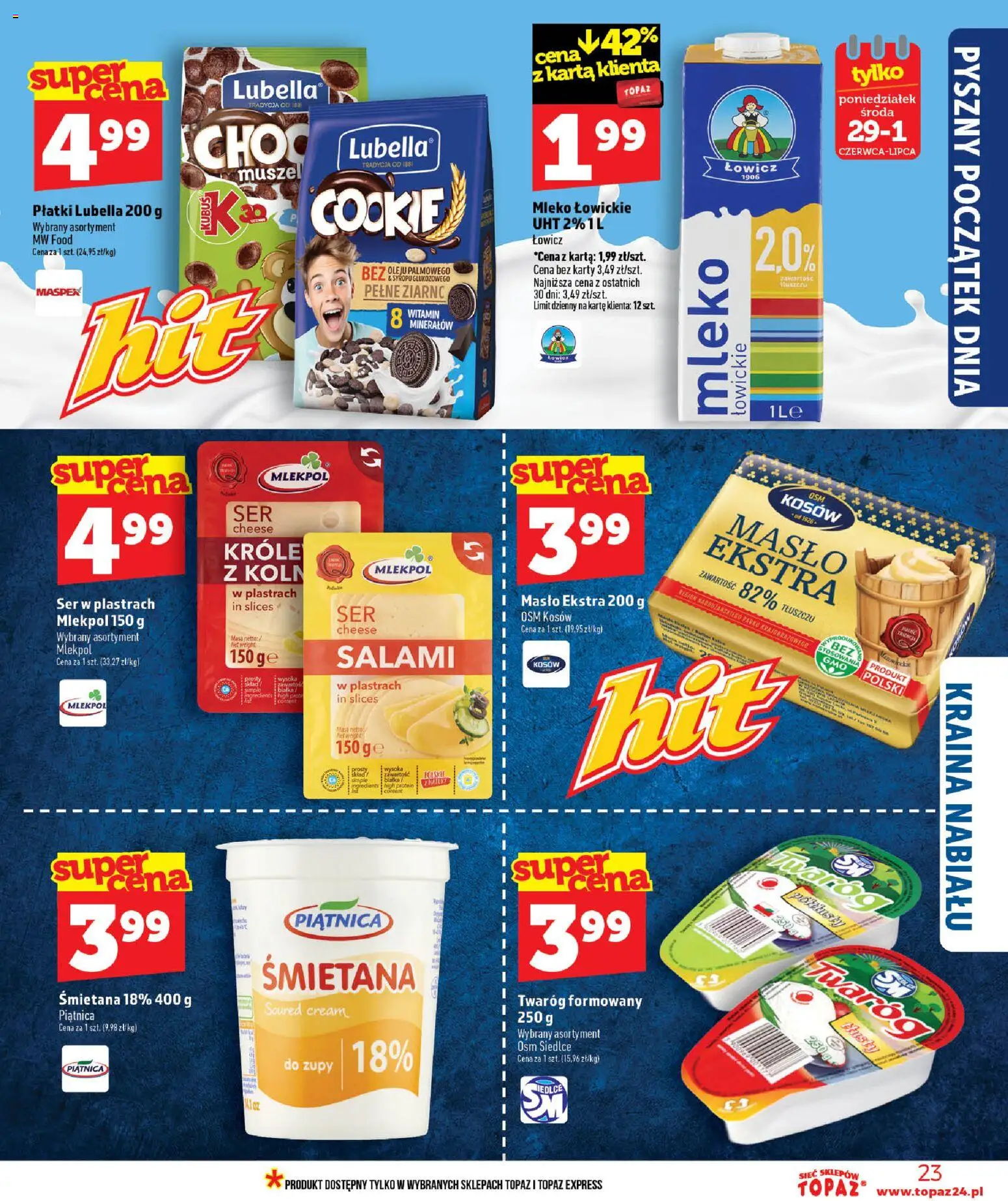 Topaz gazetka - MAZ od 25.06.2026 | Strona: 23 | Produkty: Masło, Ser, Płatki, Mleko łowickie