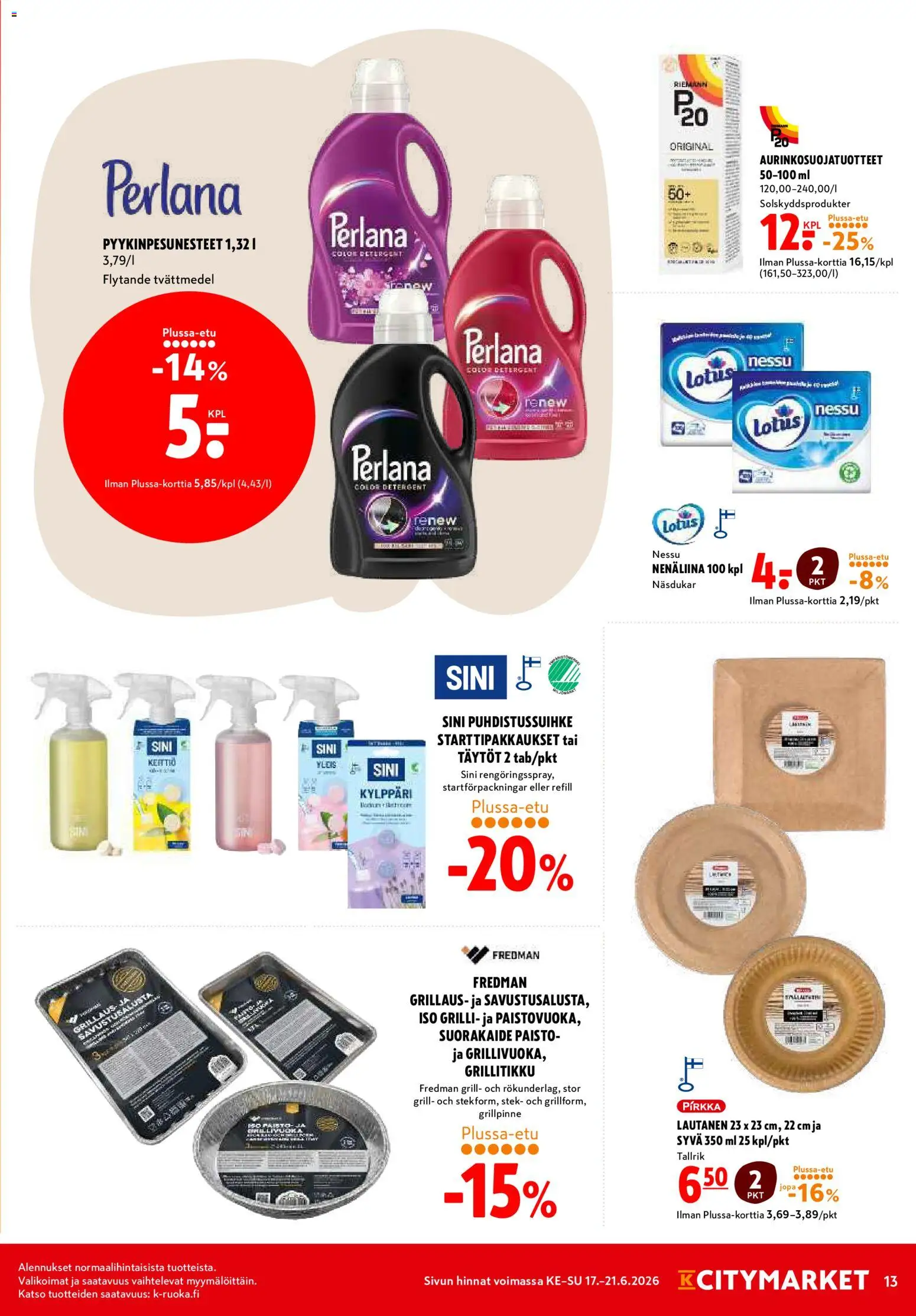 K-Citymarket tarjoukset – voimassa 17.06.2026 alkaen | Sivu: 13 | Tuotteet: Grilli, Nenäliina, Puhdistussuihke, Lautanen