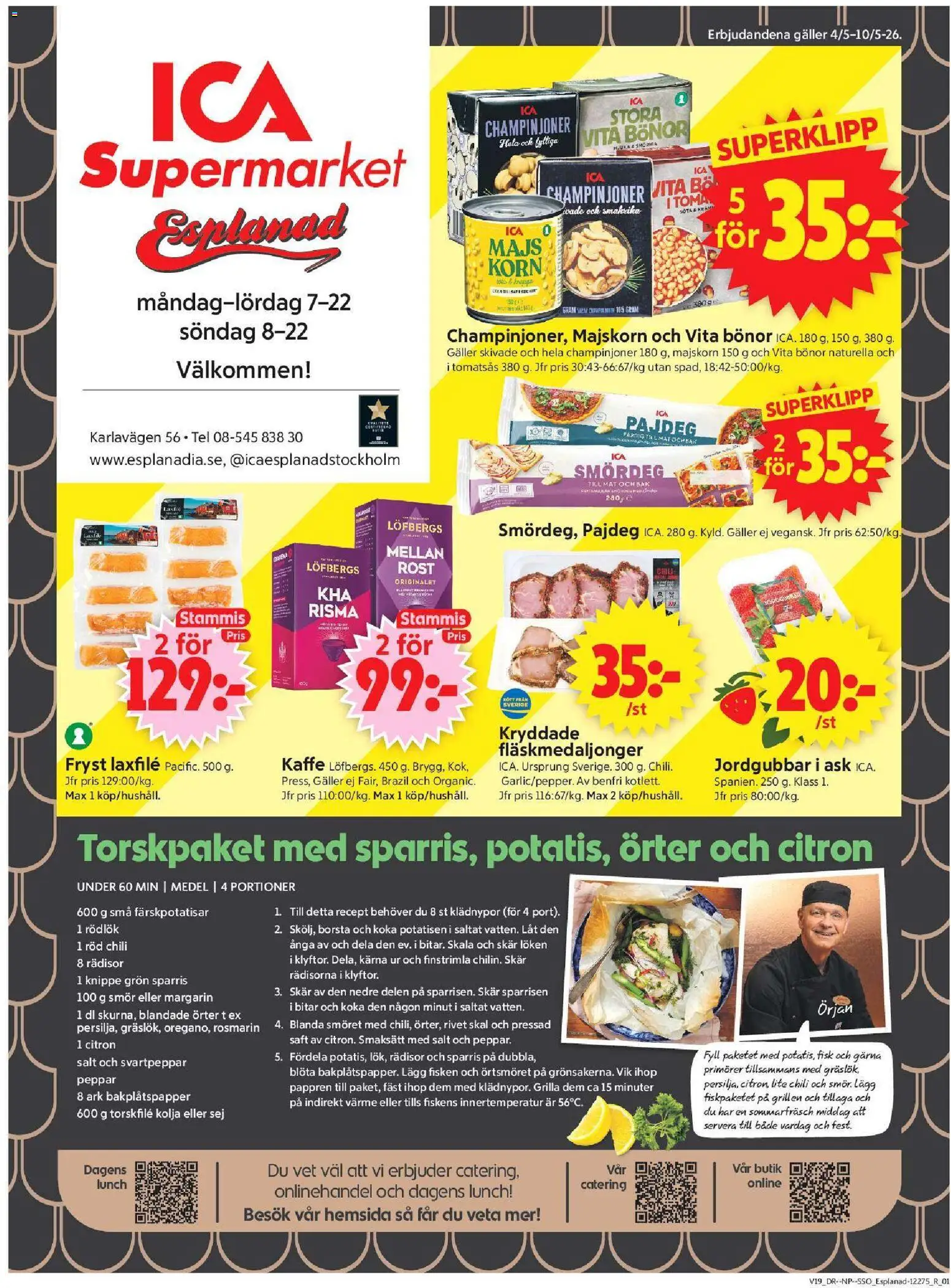 ICA Supermarket reklamblad aktuell från 04.05.2026 | Sida: 1 | Produkter: Smör, Chili, Jordgubbar, Tomatsås