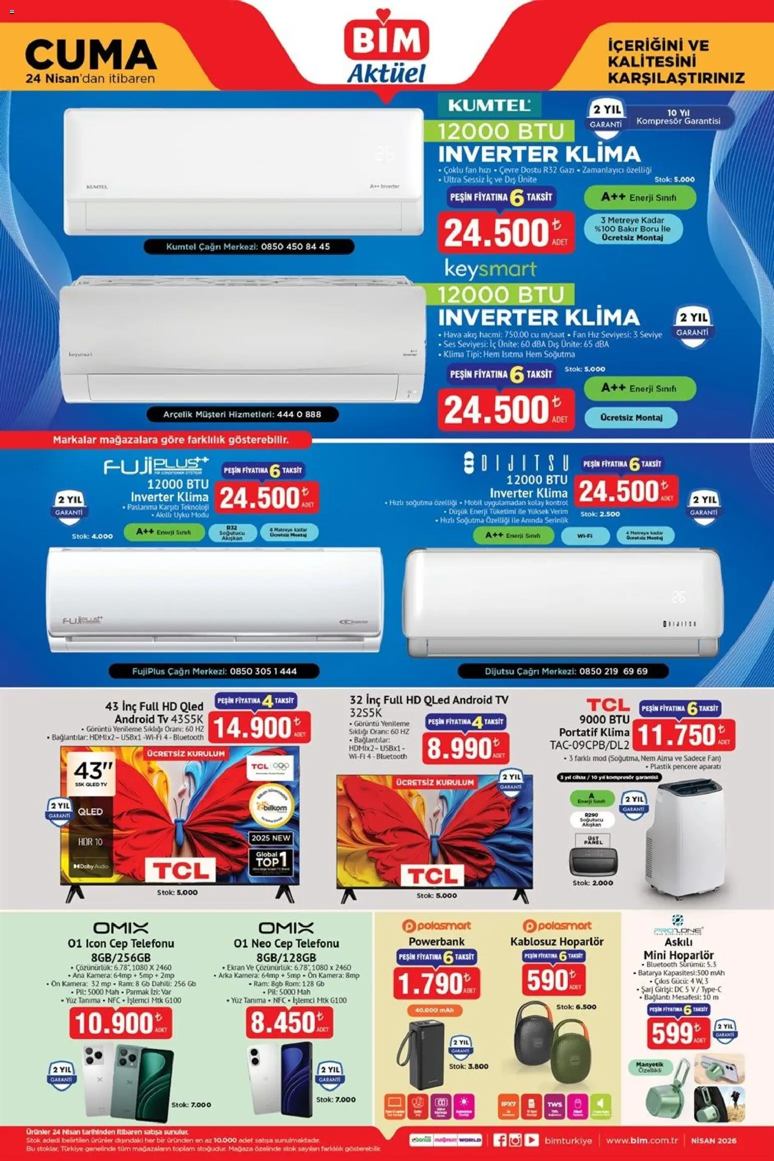 BİM - Katalog Cuma - 24.04.2026 tarihinden itibaren geçerlidir | Sayfa: 1 | Ürünler: TV, Ses, Klima, Fan