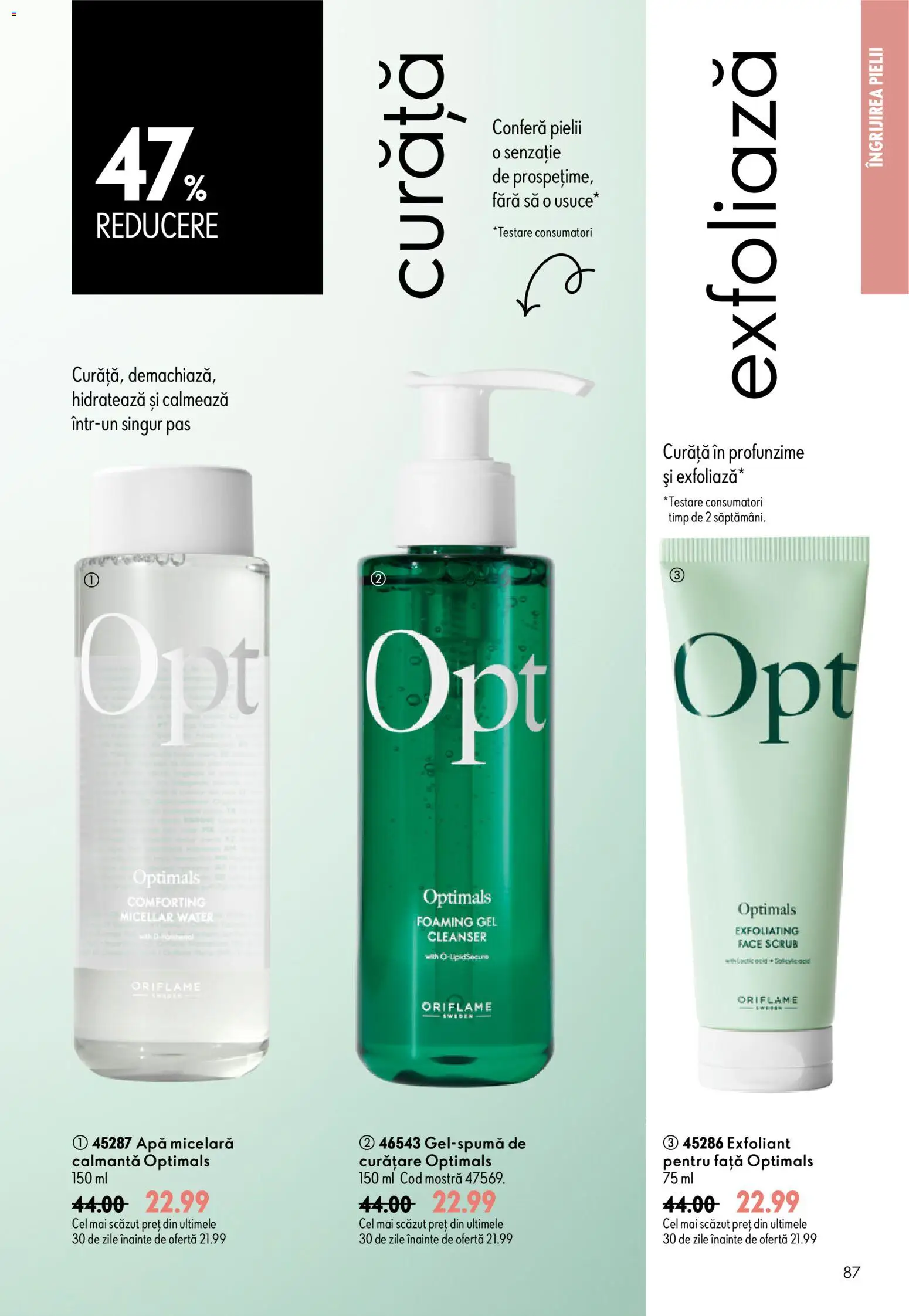Noul catalog Oriflame – valabil de la 08.07.2026 | Pagină: 87 | Produse: Exfoliant, Scrub, Apă micelară, Apă