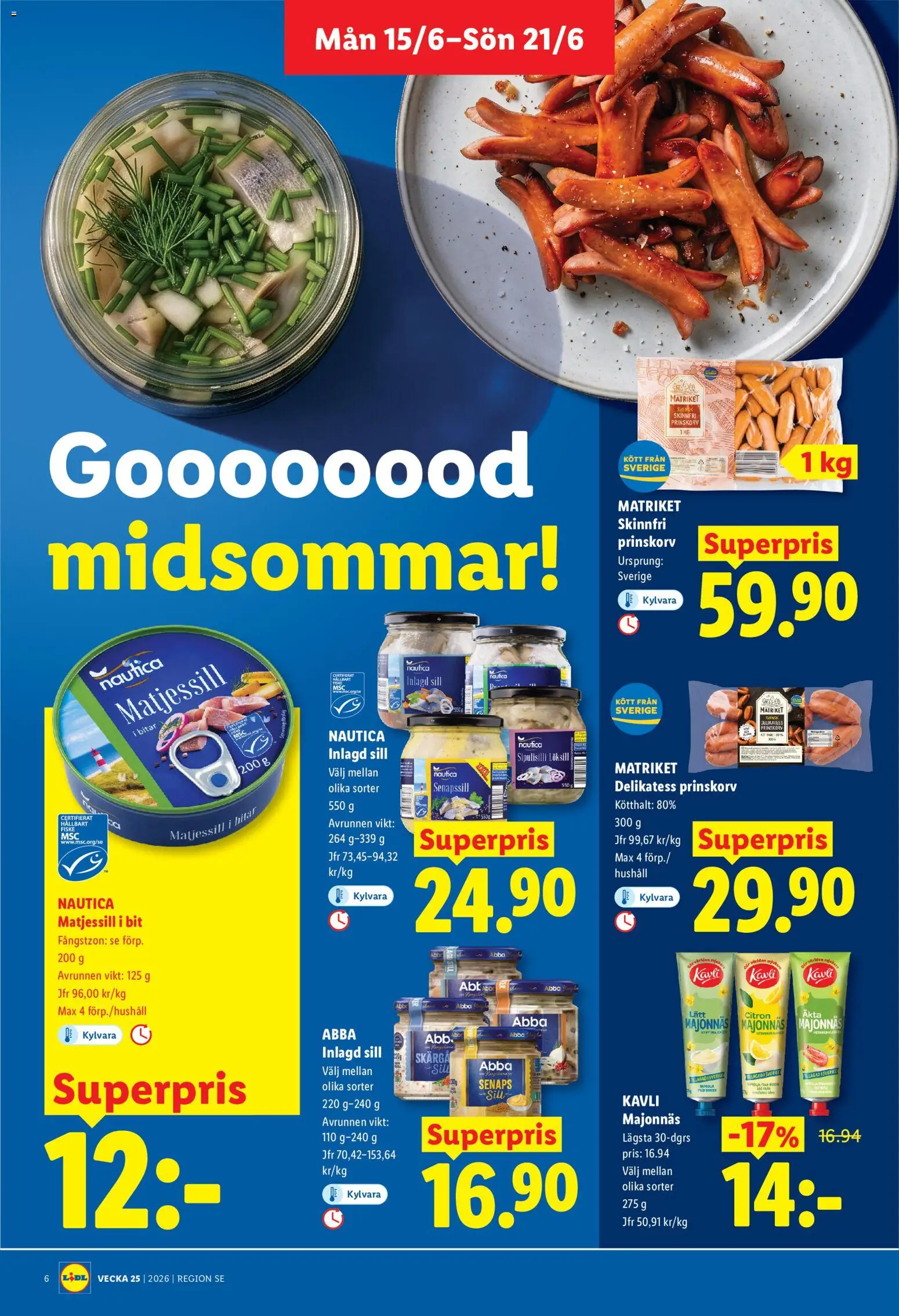 Lidl reklamblad aktuell från 15.06.2026 | Sida: 6 | Produkter: Löksill, Prinskorv, Majonnäs, Citron