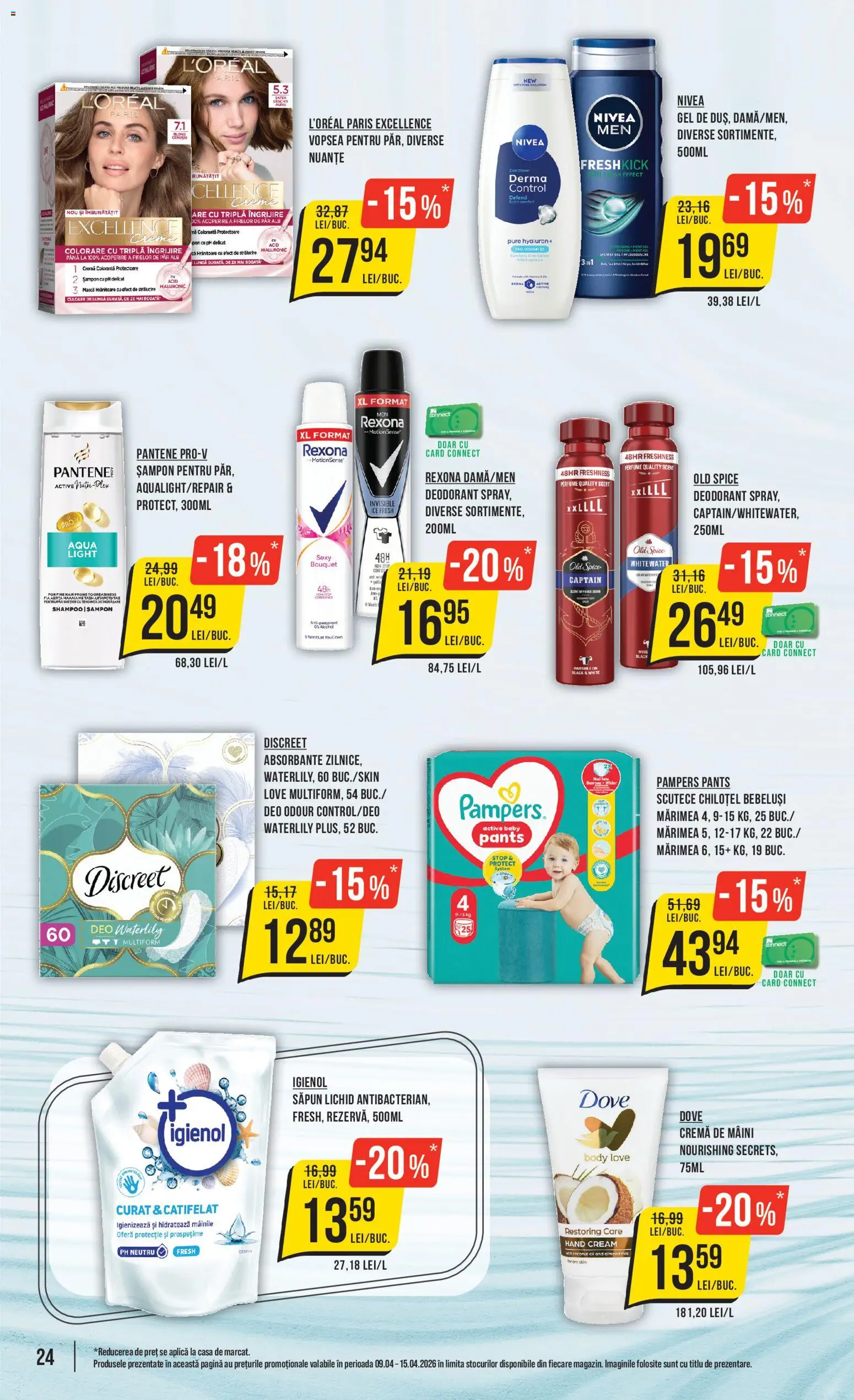 Noul catalog Mega Image – valabil de la 09.04.2026 | Pagină: 24 | Produse: Șampon, Cremă de mâini, Deodorant, Scutece
