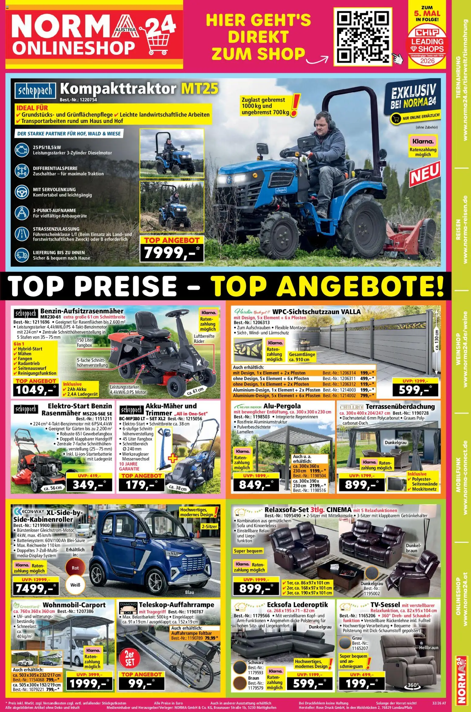 Norma Online shop gültig ab 03.08.2026 | Seite: 1 | Produkte: Rasenmäher, Sofa