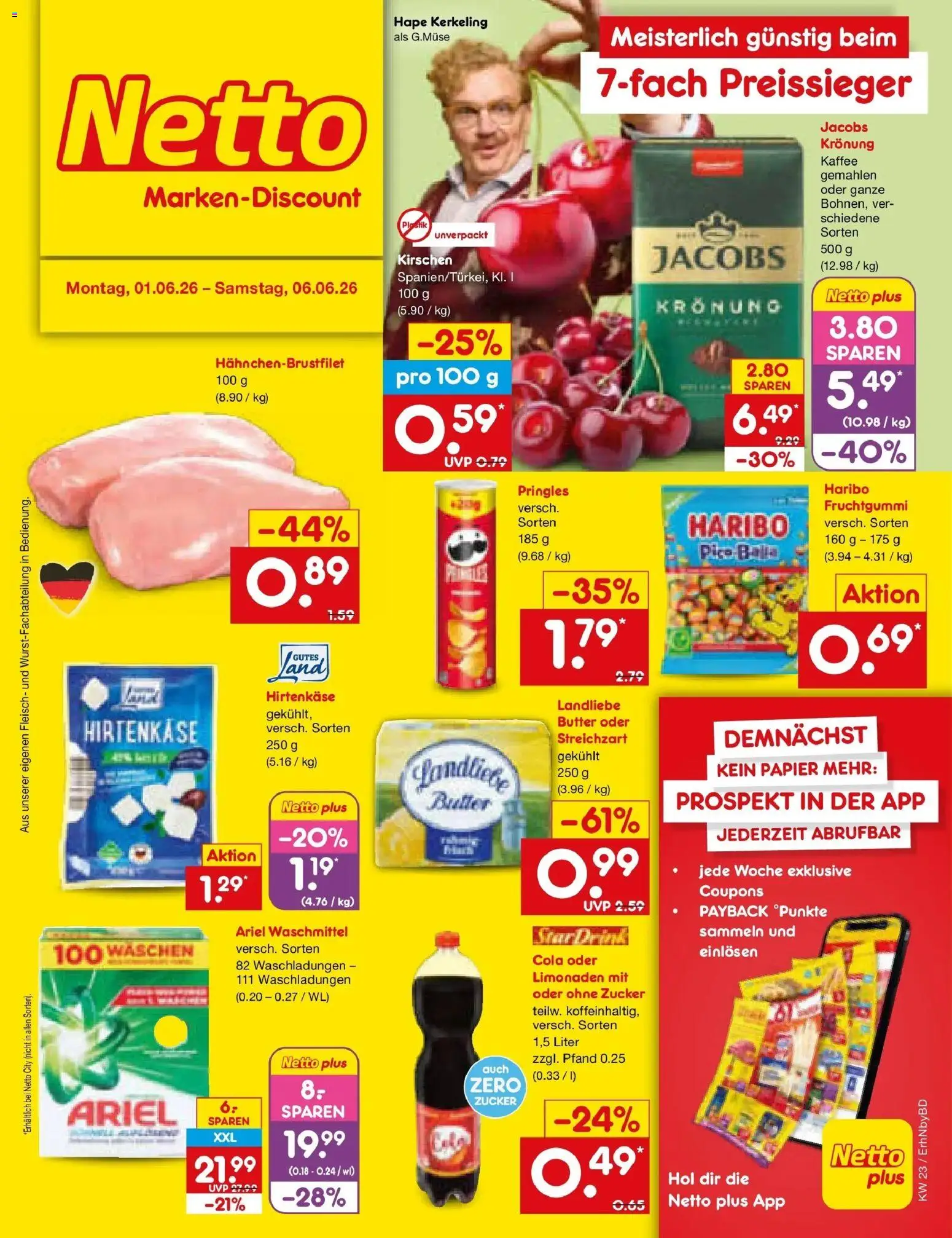 Netto Marken-Discount Prospekt Ergolding – gültig ab 01.06.2026 | Seite: 1 | Produkte: Butter, Kirschen, Waschmittel, Zucker
