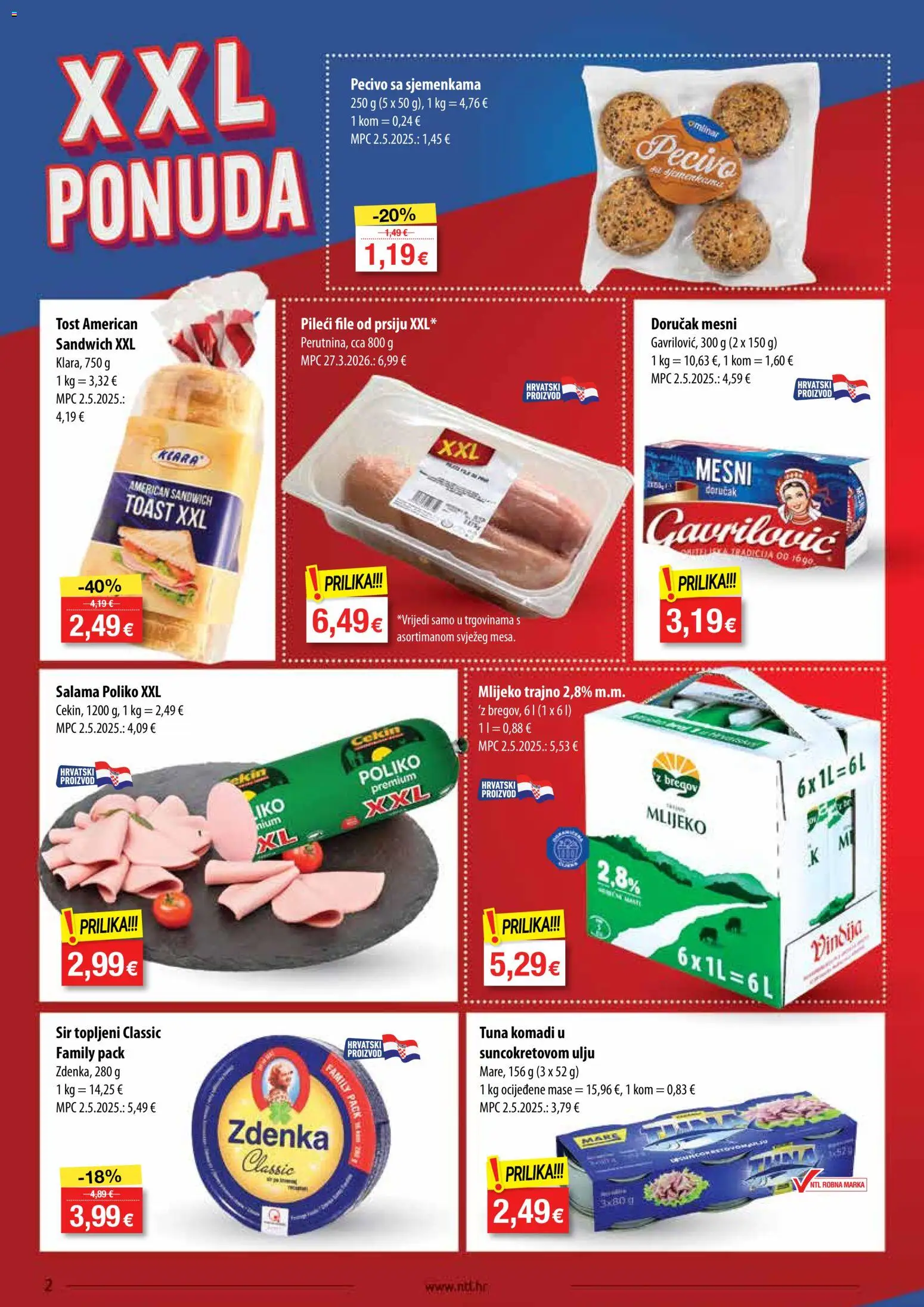 NTL katalog | vrijedi od 17.06.2026 | Stranica: 2 | Proizvodi: Mlijeko, Pileći file, Salama, Pecivo