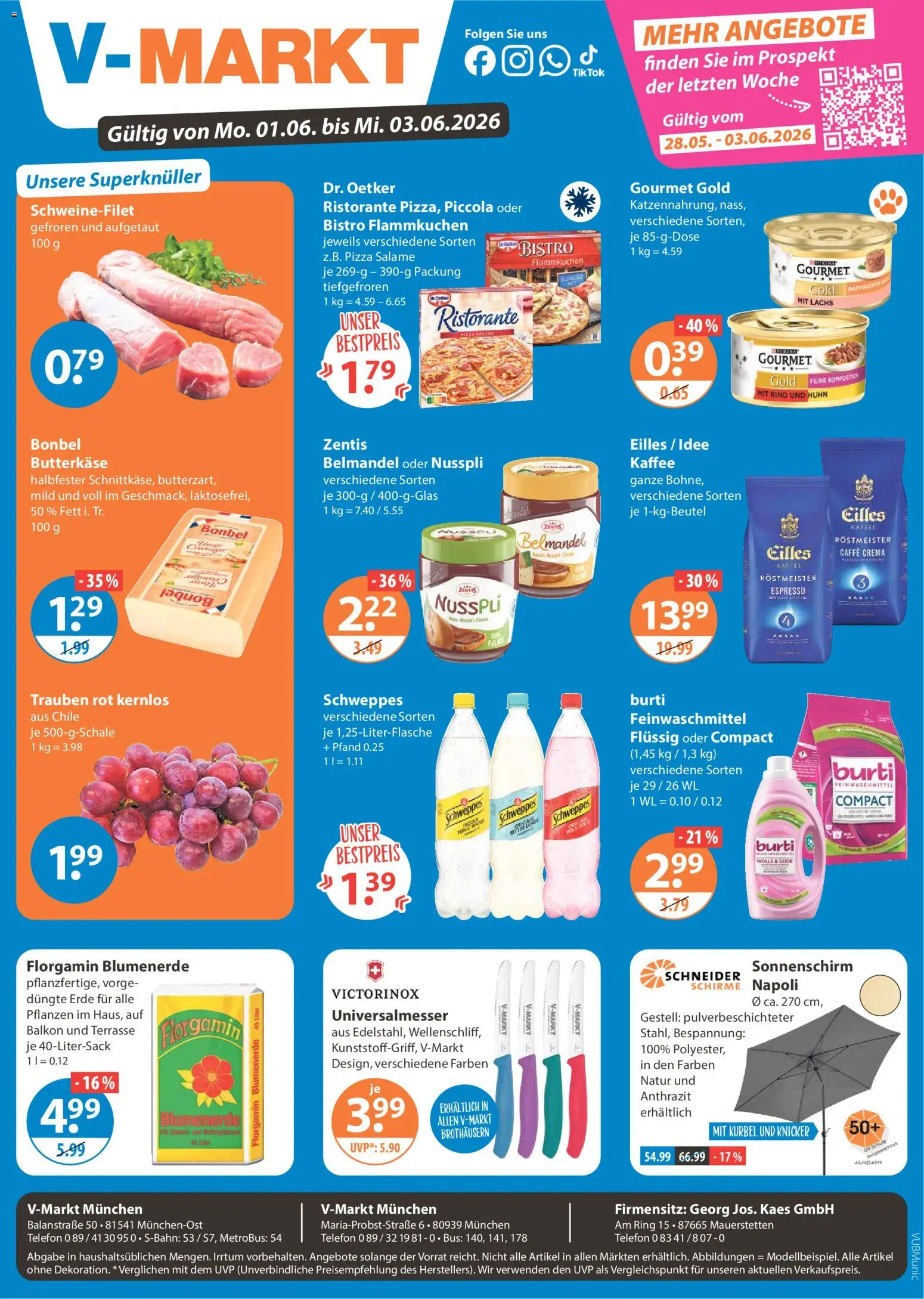 V-Markt München ab Montag – gültig ab 01.06.2026 | Seite: 1 | Produkte: Ristorante, Schweppes, Blumenerde, Schweinefilet