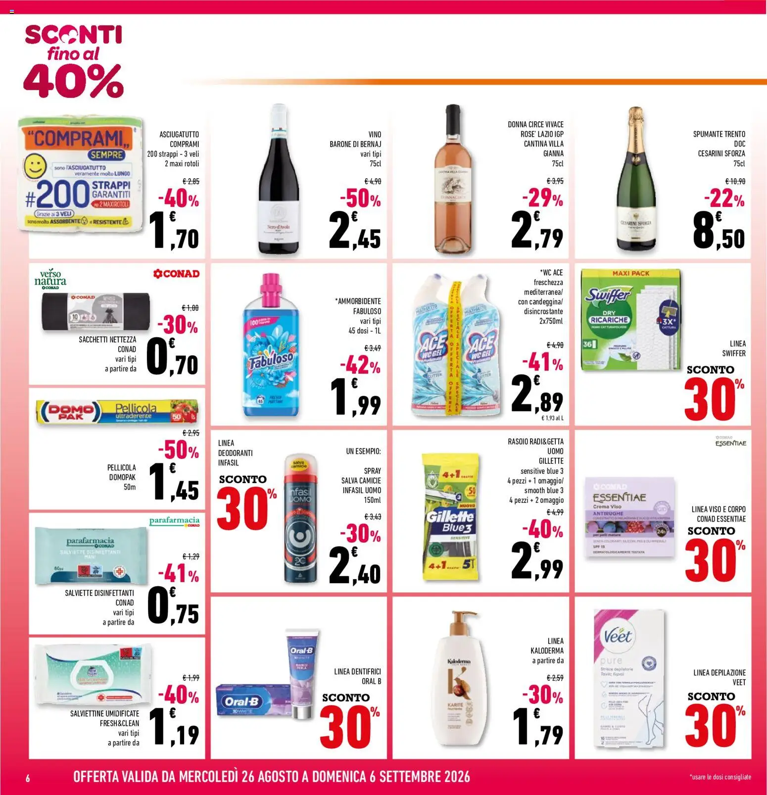 Volantino Conad del 26/08/2026 | Pagina: 6 | Prodotti: Rasoio, Ammorbidente, Vino, Salviette disinfettanti