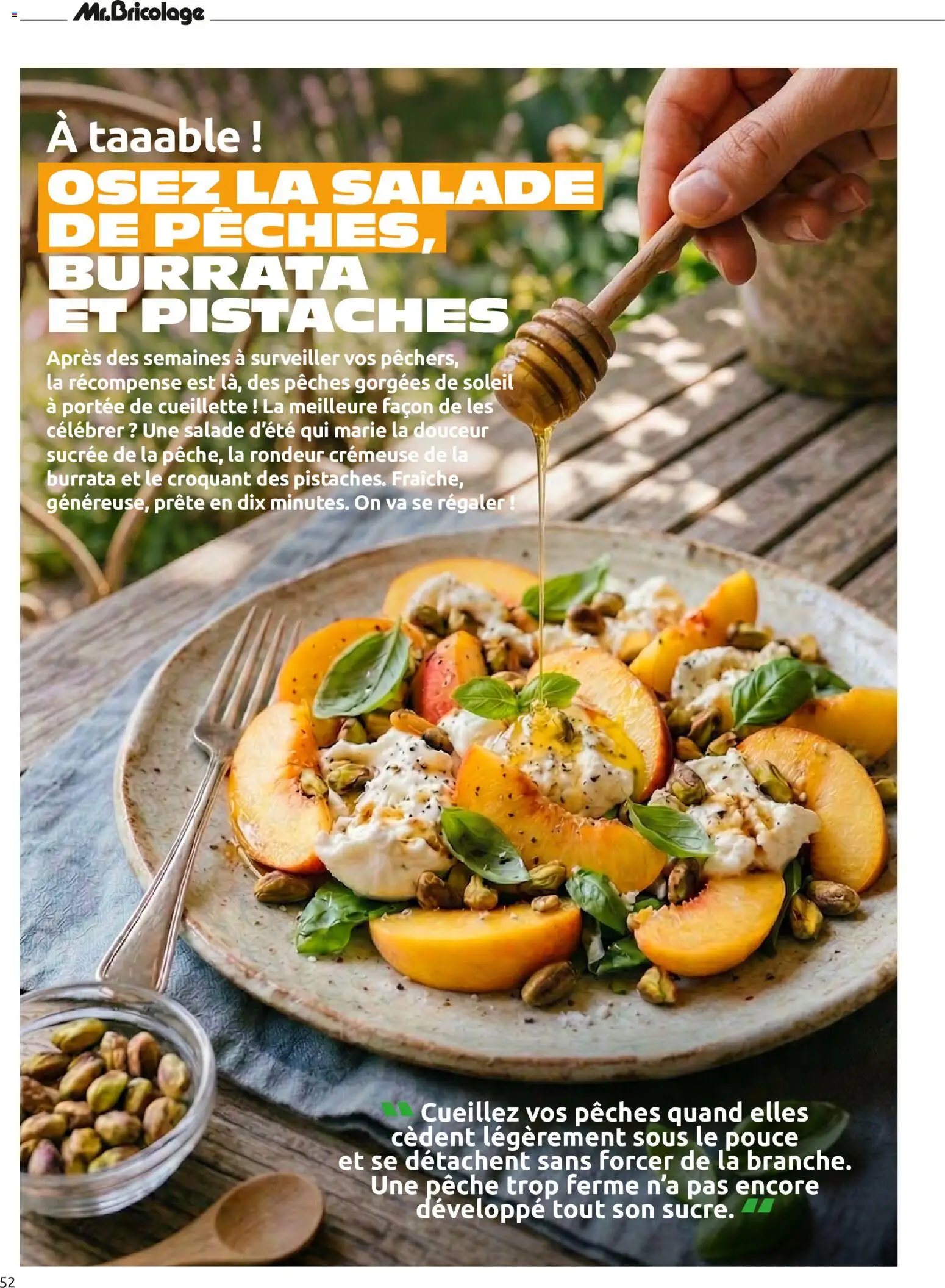 {H1} | Page: 52 | Produits: Salade, Pêches, Pistaches, Burrata